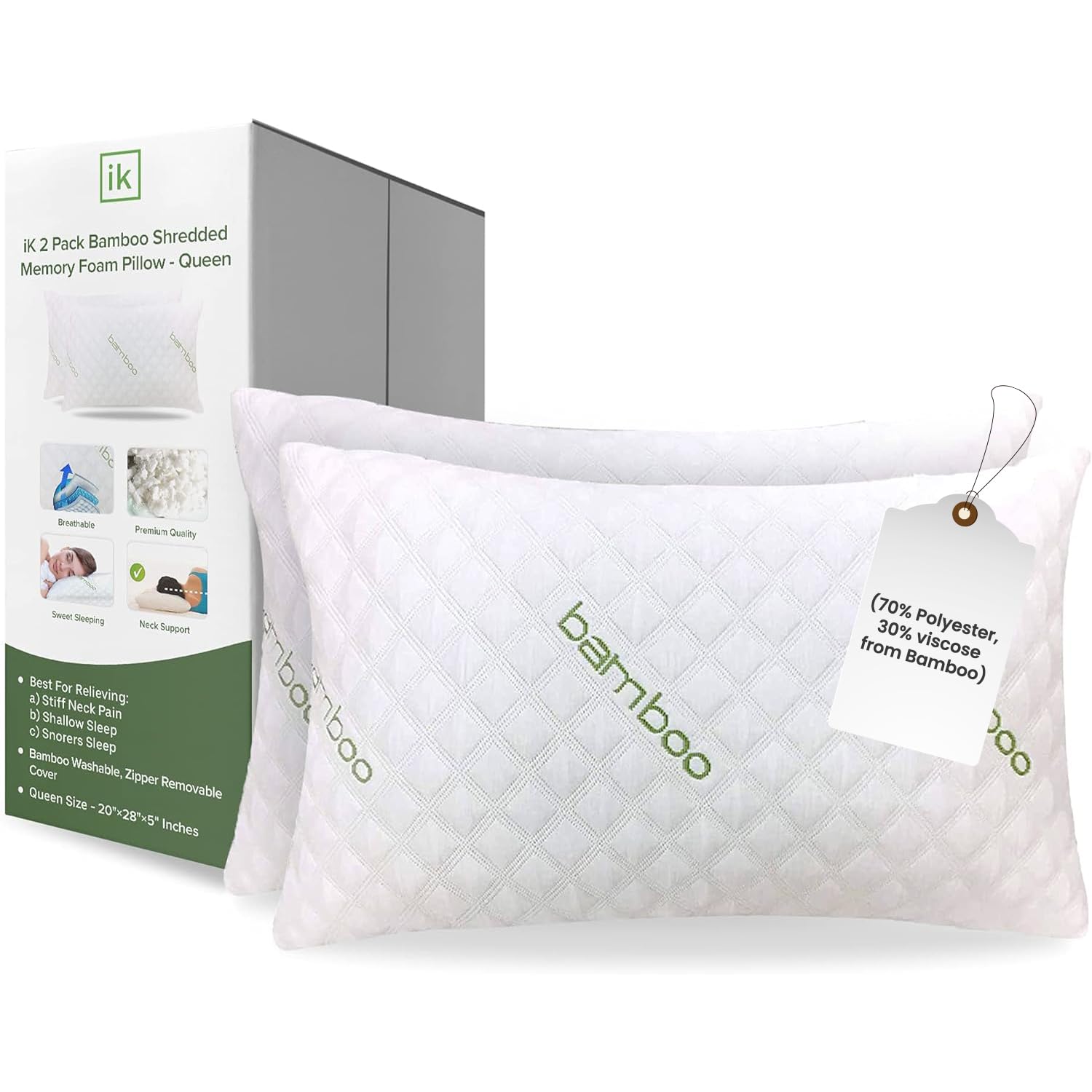 ik King Size Rayon Derived from Bamboo Pillow - Set of 2 Adjustable Shredded Memory Foam Pillows Neck Support Sleeping Pillow for Side, Back & Stomach Sleepers with Washable Cover (35x20)