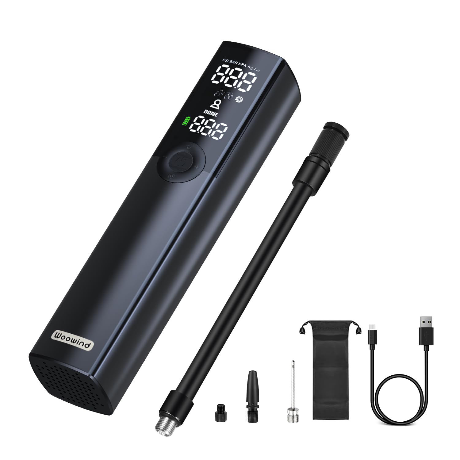 Woowind BP188 Bike Pump, The Pro Electric Bicycle Pump Tire Inflator Portable Air Compressor with Schrader, Presta and Dunlop Valve Adapters - 120 PSI (Black)