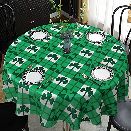 SARAFLORA St Patrick's Day Checkered Fabric Round Table Cloth-60 Inch-Polyester Shamrock Pattern Tablecloth, Table Cover Protector for Party, Banquet, Dinner Decoration Use, Green & White