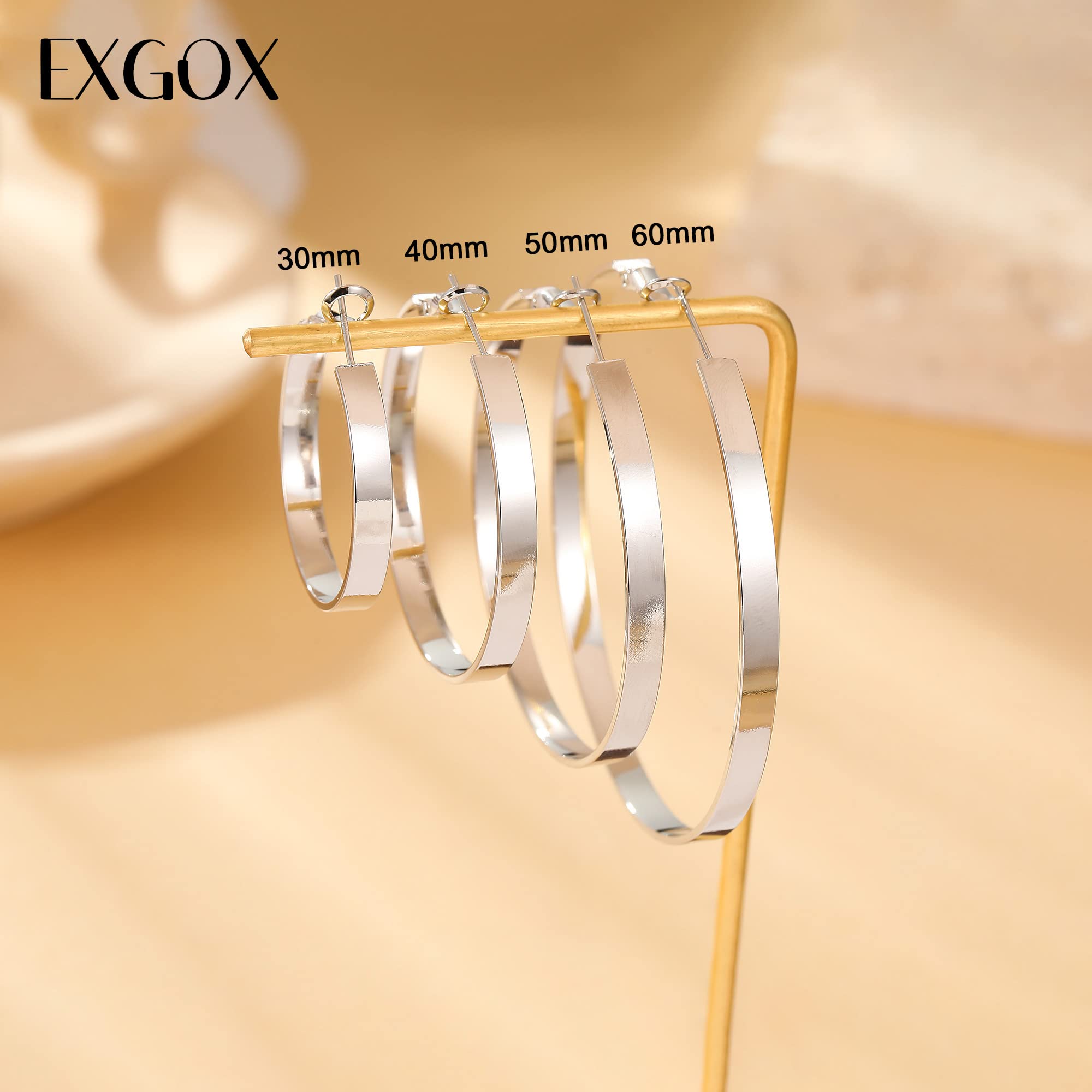 EXGOX Silver Large Hoop Earrings - 14K Gold Plated, Hypoallergenic 925 Sterling Silver Hoops for Women and Girls (30/40/50/60mm)