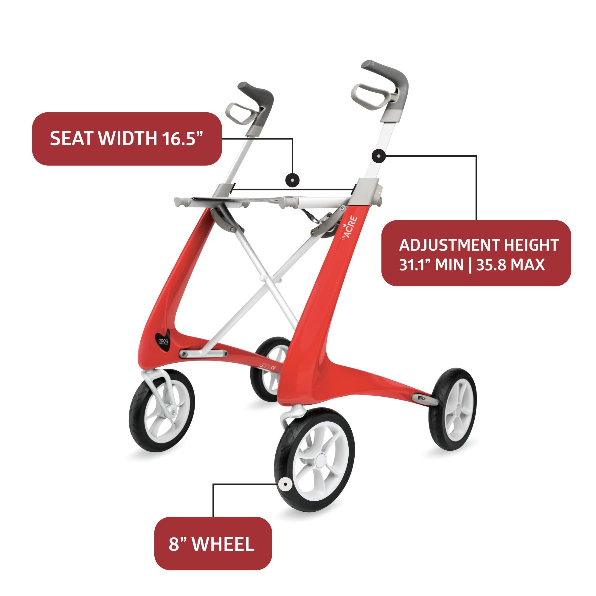byACRE Carbon Ultralight Rollator Walker with Organizer Bag, Red, Regular Track