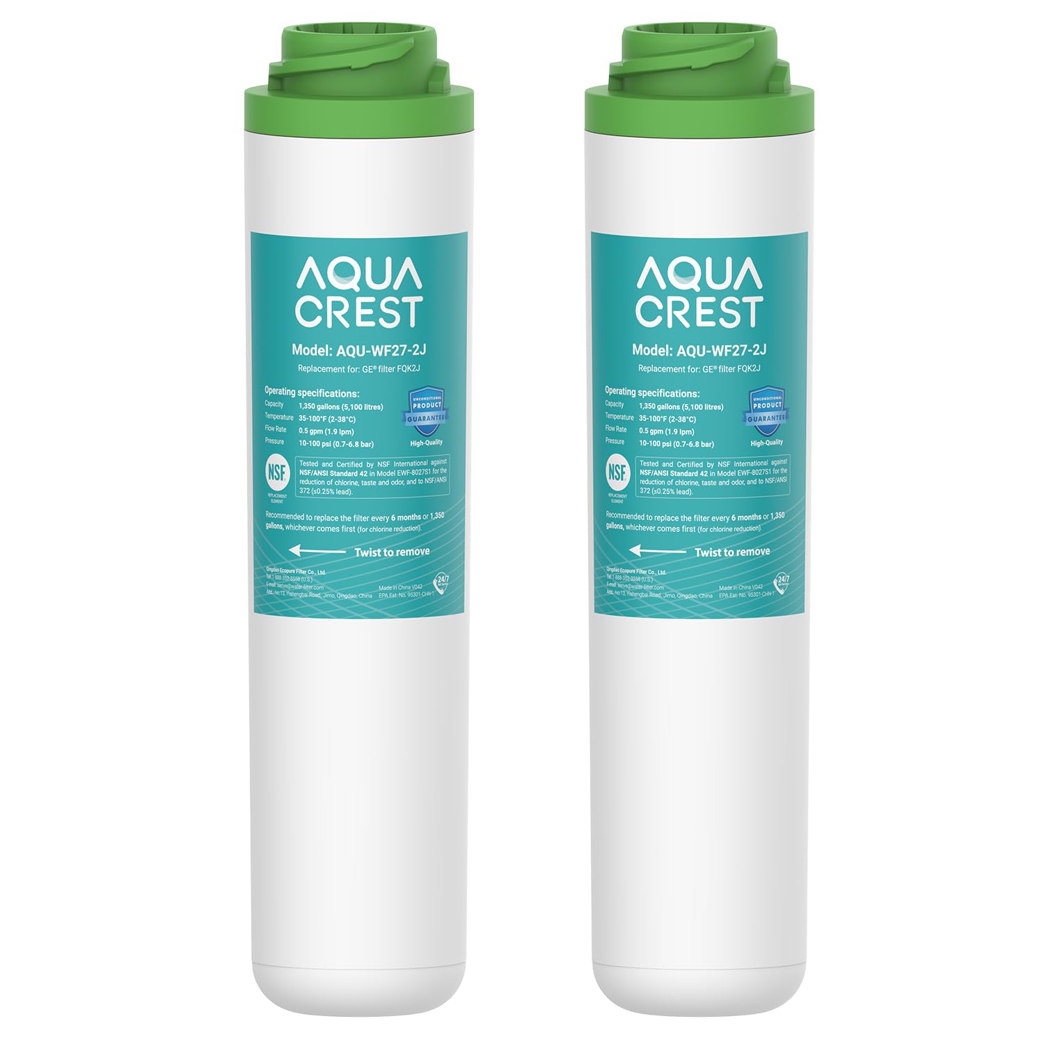 AQUACREST FQK2J Under Sink Water Filter, Replacement for GE FQK2J, FQK1K, 1320 Gallons Dual Flow Drinking Water Replacement Filters (2 Count)