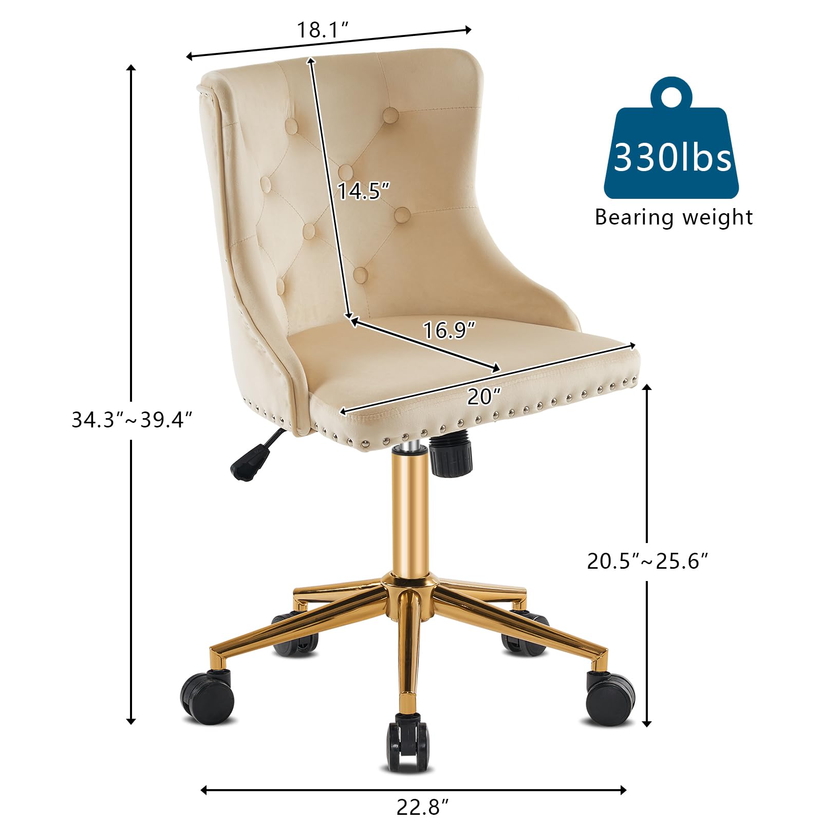 VINGLI Beige Velvet Armless Home Office Desk Chair with Gold Base/Wheels, Small Cute Vanity/Makeup Chair with Back for Bedroom, Upholstered Adjustable Rolling Swivel Nail Chair for Women/Girls
