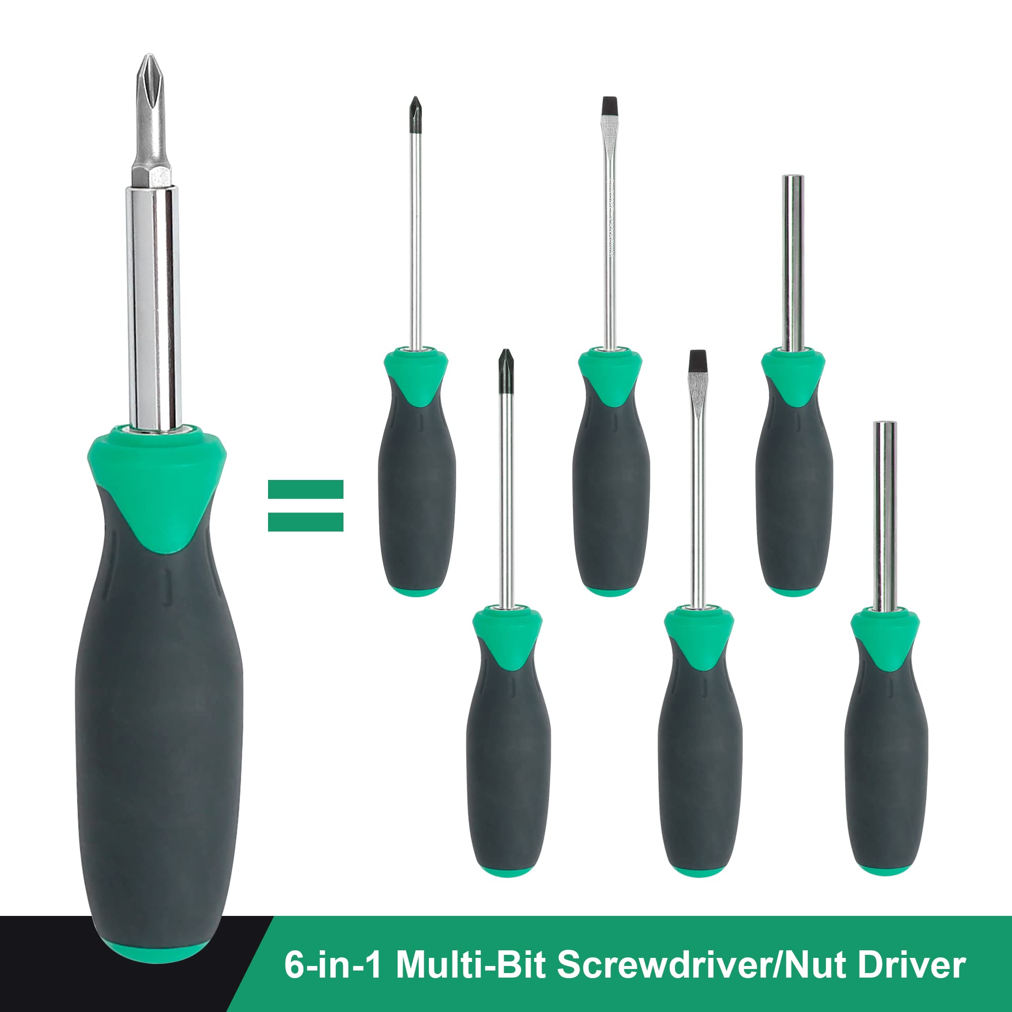 Amazon Basics 6 In 1 Multi-Bit Screwdriver/Nut Driver, Multicolor(Silver, Northern Glow Green, Grey)(Previously Denali brand)