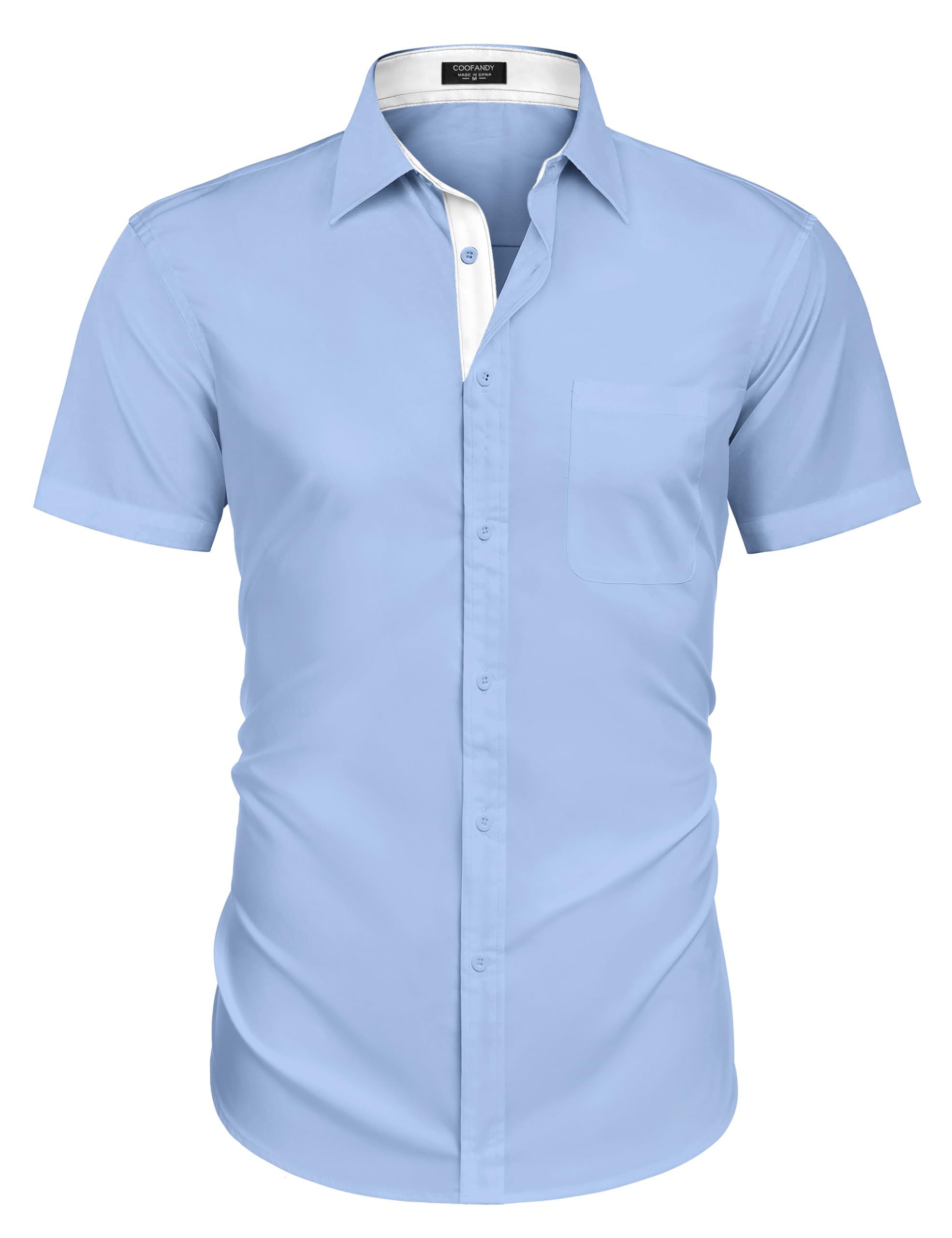 COOFANDY Men's Casual Summer Short Sleeve Dress Shirts Button Down Wrinkle-Free Fitted Stretch Shirt No Tuck Blue