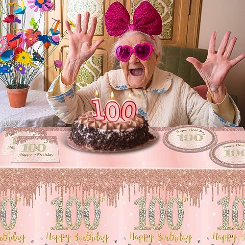 41PCS 100th Birthday Decorations Rose Gold 100 Years Old Birthday Disposable Tableware Include Plates Napkins tablecloth For Women