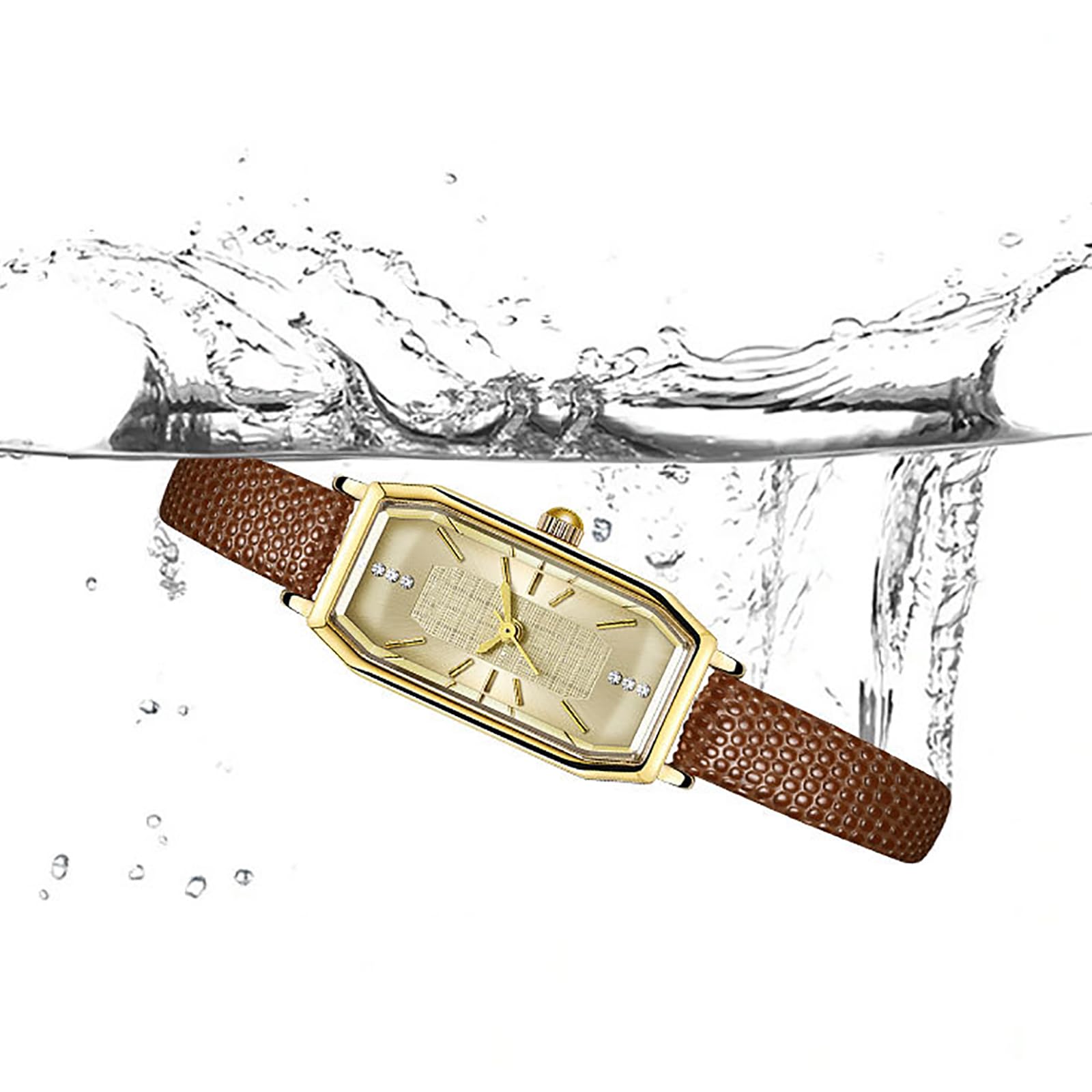 BESTKANG Vintage Dainty Watches for Women Rhinestone Rectangular Waterproof Ladies' Watch Leather Band Analog Quartz Women's Watch (Brown Gold)