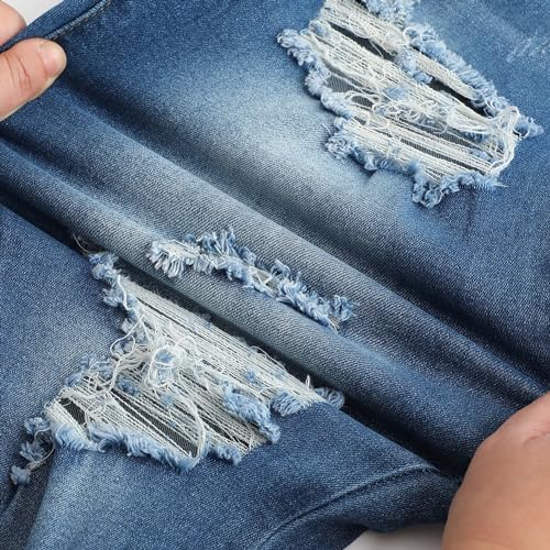 THUNDER STAR Womens Stretch Ripped Cropped Jeans Mid Rise Distressed Casual Denim Pants 1#Blue S