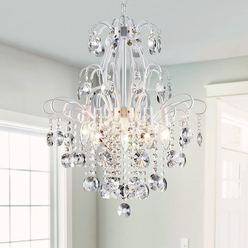 WUZUPS Crystal Chandelier 5-Light Pendant Ceiling Light Modern Lighting Fixture for Bedroom Hallway Bar Kitchen Bathroom, H 22.6'' x W 19.2'', E12 Base, White