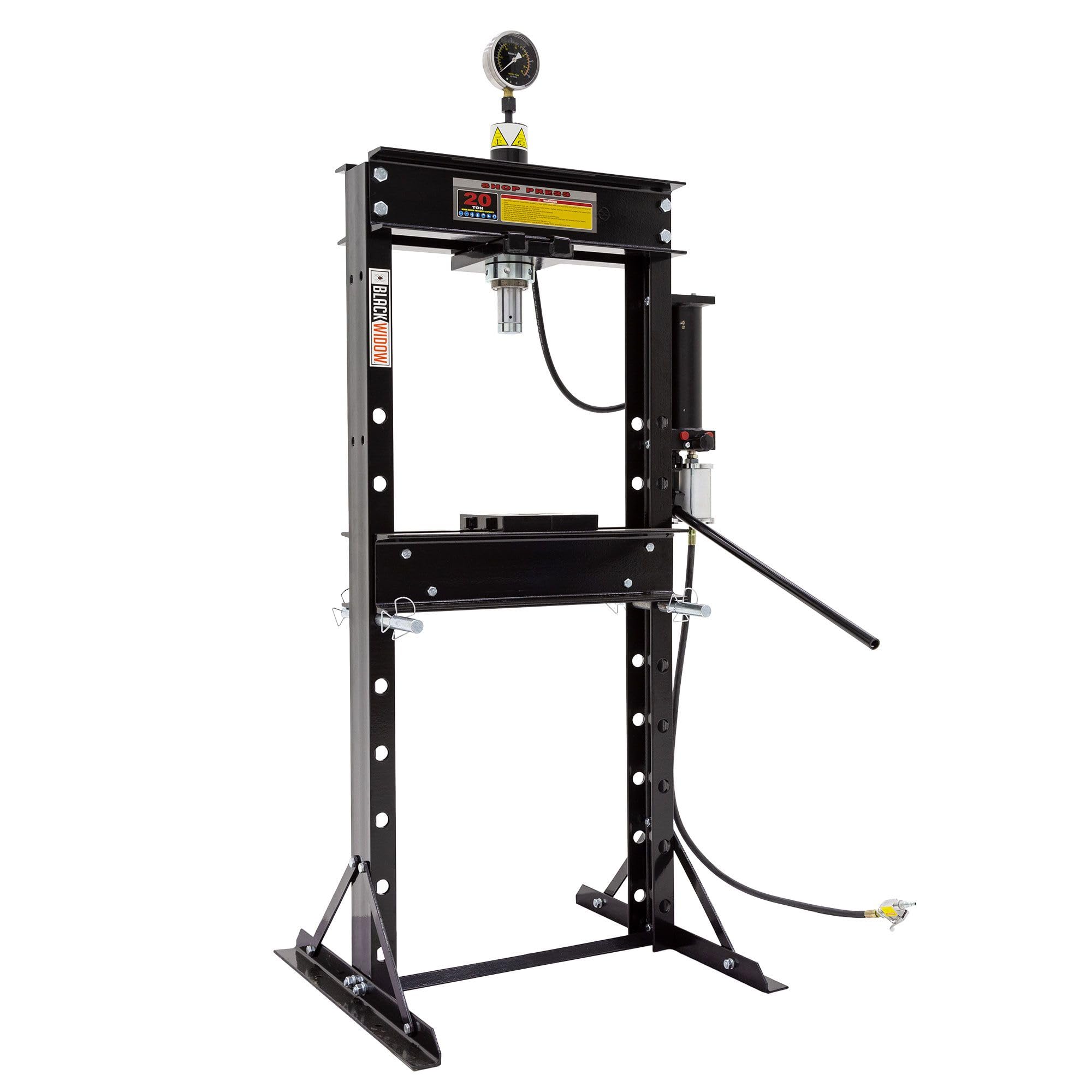 Black Widow 20 Ton Air-Operated Steel H-Frame Garage Adjustable Shop Press with Plates and Pressure Gauge 20T