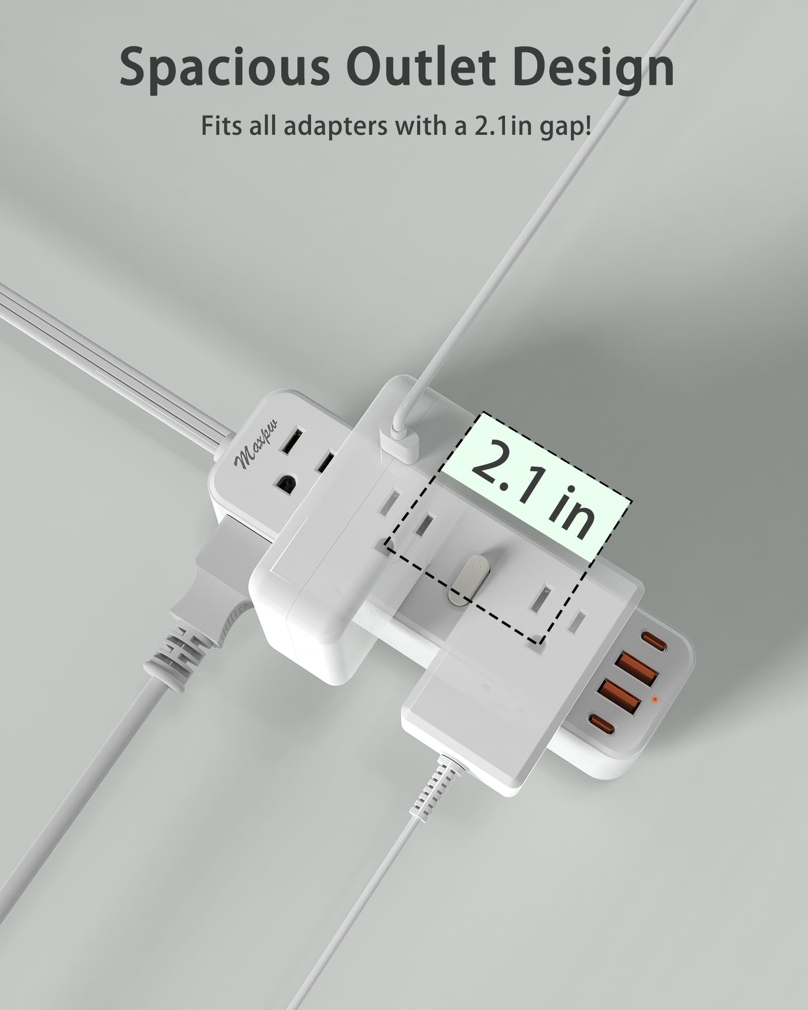 6 FT Flat Plug Extension Cord Surge Protector, Power Strip with 9 Outlets Extender and 4 USB Ports (2 USB-C), 2100 Joules, Wall Mount, Desk Charging Station for Home, Office, Travel, White