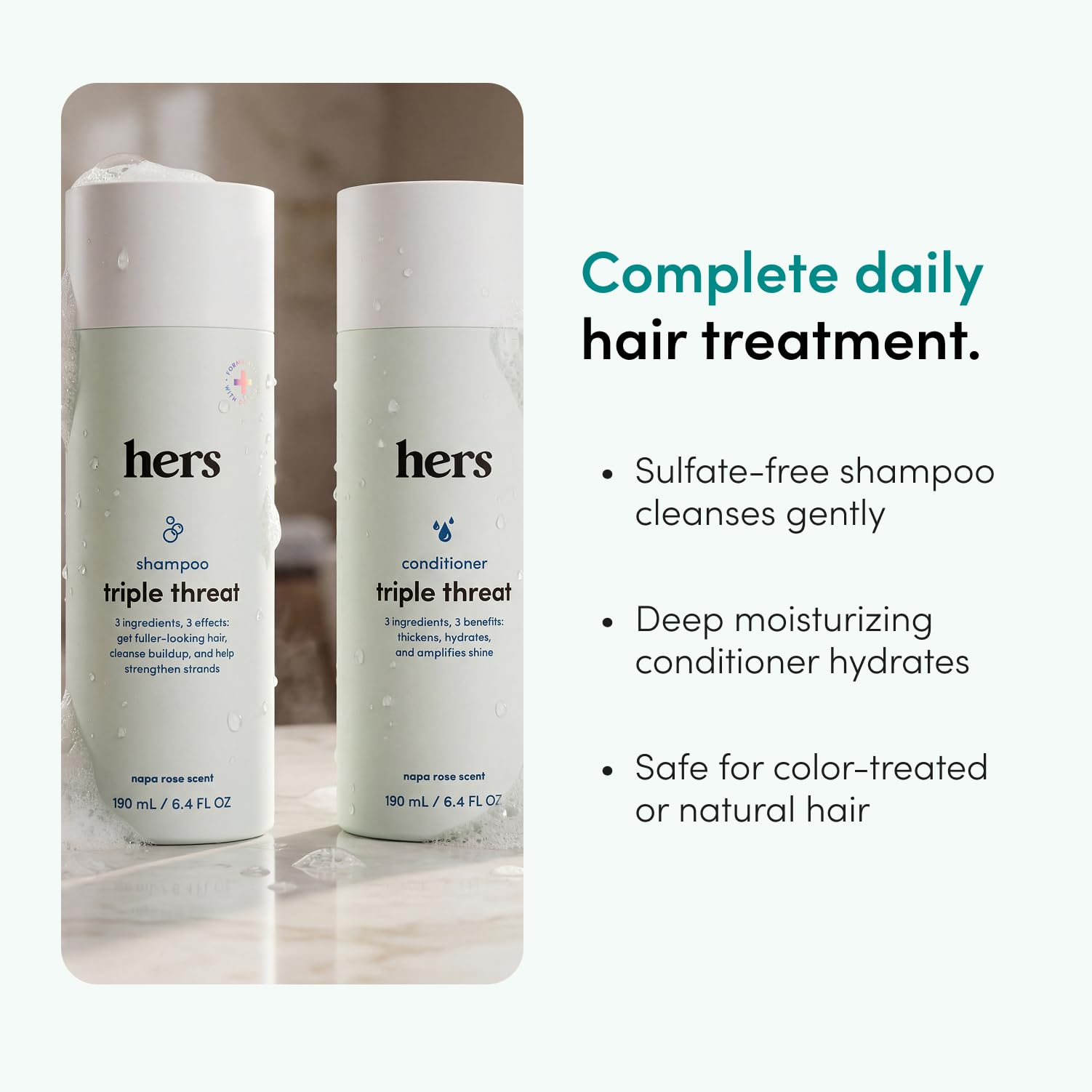 hers Triple Threat Shampoo & Conditioner Set - Biotin, Saw Palmetto, & Pumpkin Seed Oil Formula - Thickens & Hydrates - Color-Safe, Paraben-Free, Vegan - Napa Rose Scent - 6.4 Fl Oz, 2 Count