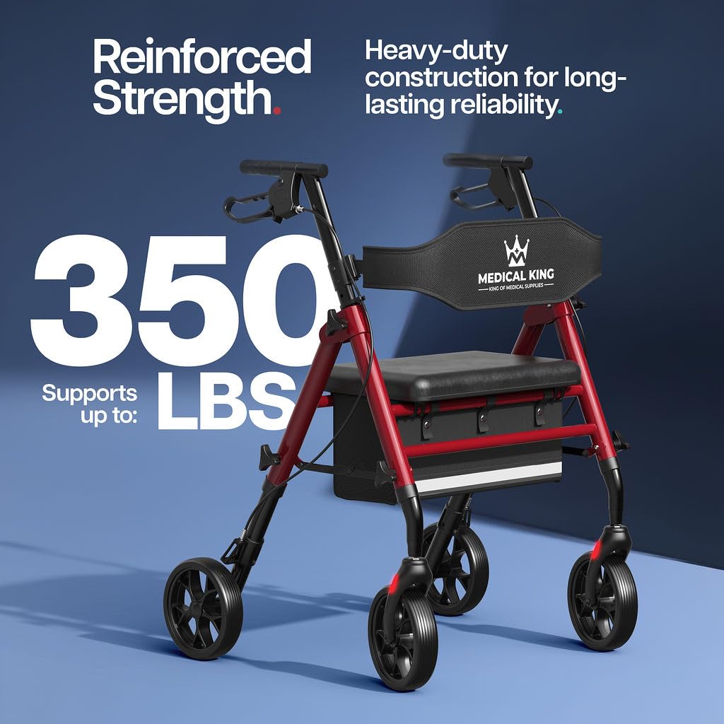 Walkers for Seniors with Seat Foldable Rollator Walker with 8" Wheels, Adjustable Handle Height, Comfortable Seat, 350 lb Capacity, Lightweight Rolling Walker with Storage Pouch - Red
