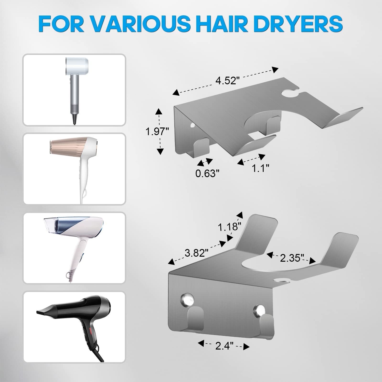 Hair Dryer Holder JWCE Blow Dryer Holder Wall Mounted Fit for Most Hair Dryers Self-Adhesive or Punch Installation for Bathroom (Silver)