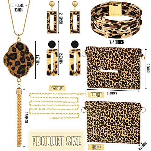 Sotiff 5 Pcs Women Leopard Purse Leopard Jewelry Set Necklaces Clutch Earring Leather Wrap Bracelets Long Tassel Pendant(Classic)