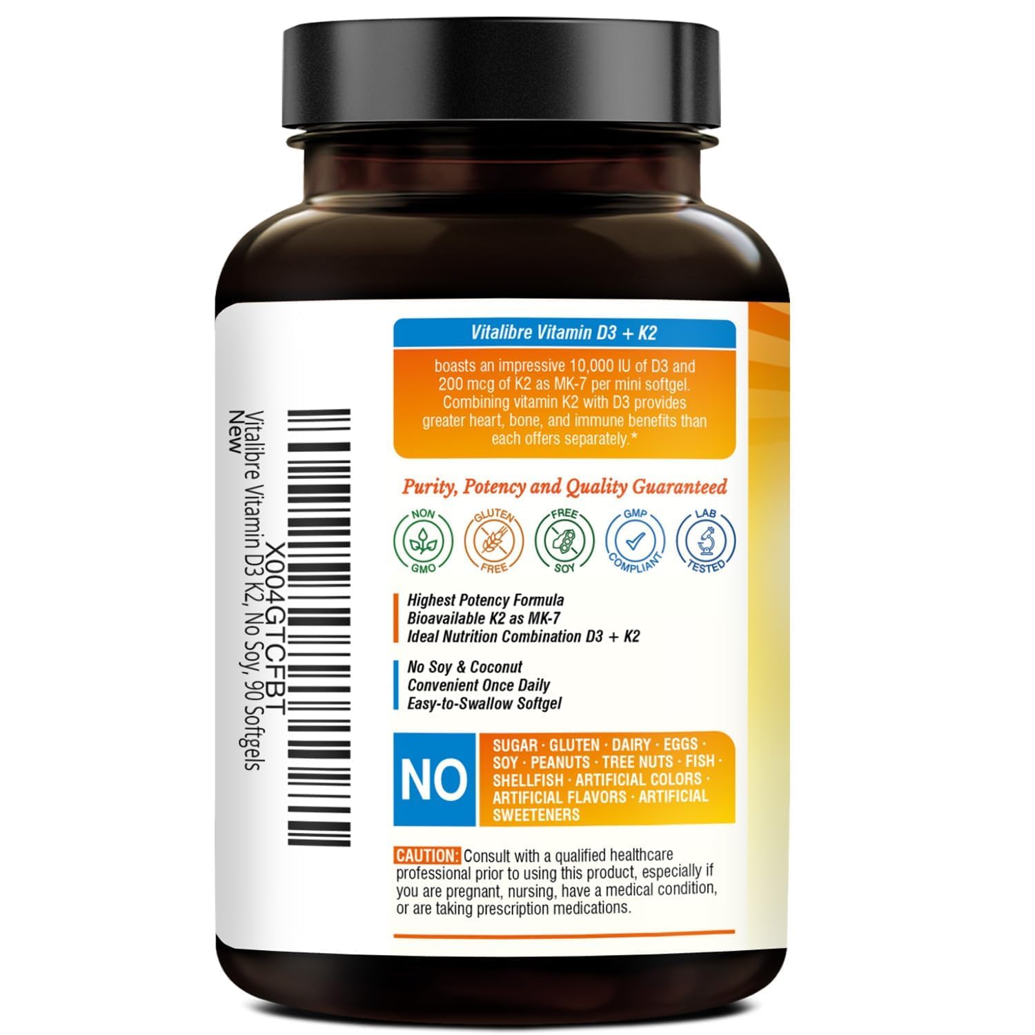 Vitalibre Vitamin D3 K2 Supplement, 10000 IU D3 / 200 mcg K2 MK7, Calcium Absorption, Bone, Heart, Immune & Mood Support, Enhanced Absorption, No Soy, Easy to Swallow, 90 Softgels