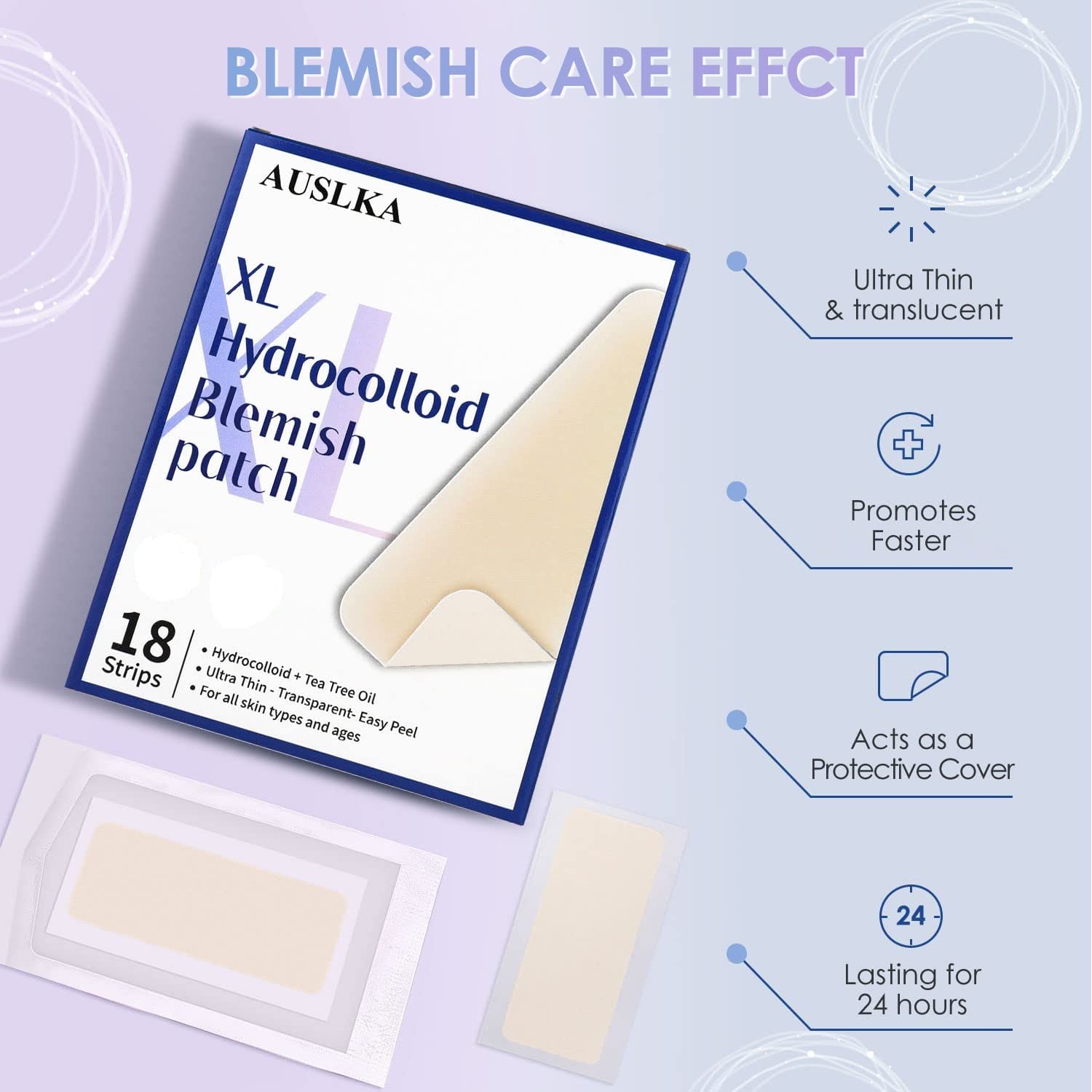 AUSLKA Large Blemish Patches XL -18 Strips - Hydrocolloid Patch for Covering Zits - Spot Stickers - Vegan and Cruelty for Face and Skin