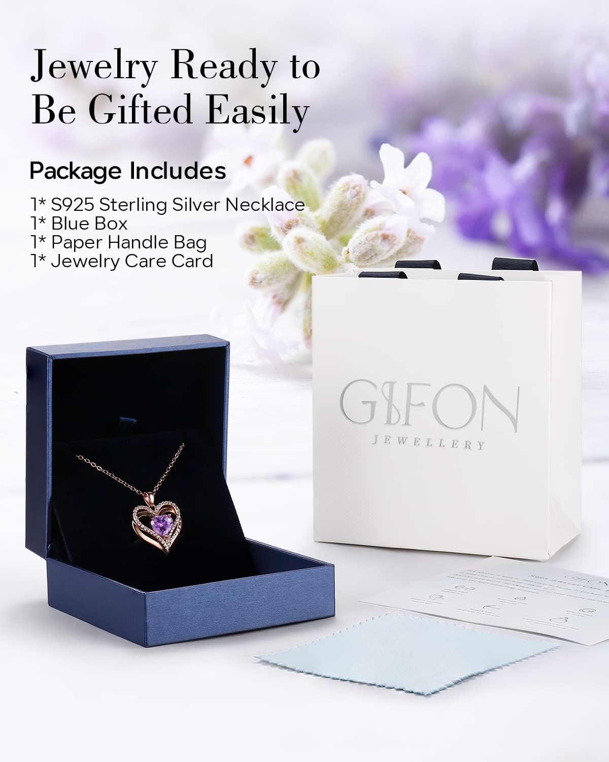 S925 Sterling Silver Necklace for Women, Wife Jewelry Birthday Christmas Gifts, Rose Gold Anniversary Necklaces, Daughter Heart Jewel, Gift for Her, Feb