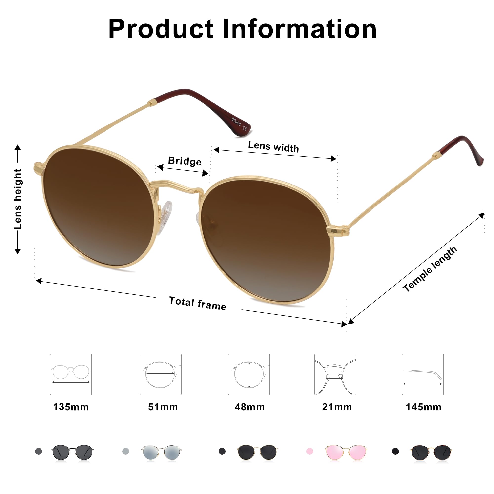 SOJOS Small Round Polarized Sunglasses for Women Men Classic Vintage Retro Shades UV400 SJ1014, Gradient Brown