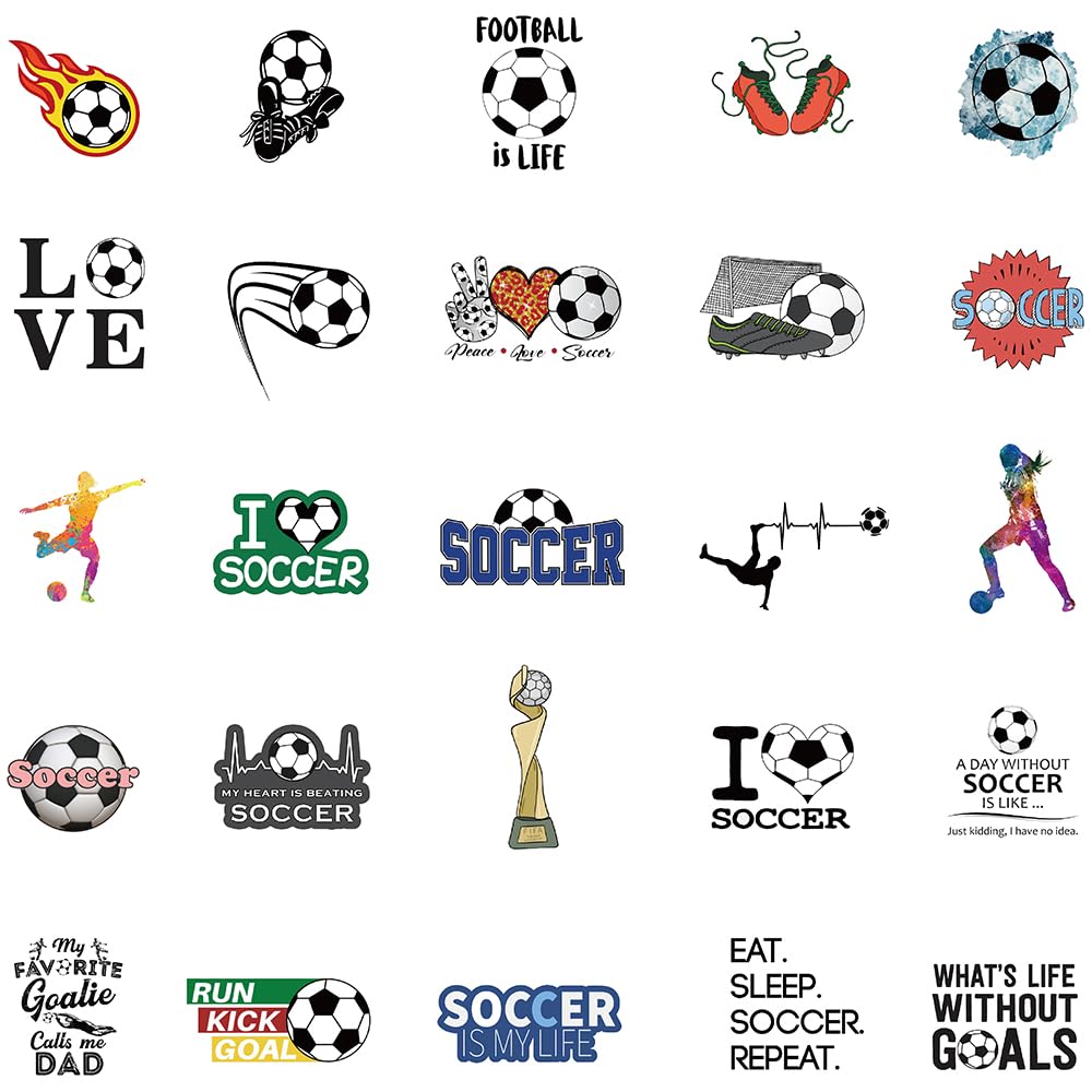 Soccer Stickers for Water Bottles, I Love Soccer Stickers for Kids, Boys, Teens, Adults, 50PCS Vinyl Waterproof Stickers Bulk Gift, Soccer Sports Party Favors, Soccer Decorations (Soccer)