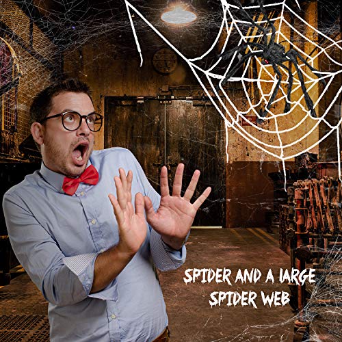 Bswalf Spider Webs Halloween Decorations Outdoor, 16.4 x 15.7 ft Triangular Spider Web + 50‘’ Scary Giant Spider, 20 g Stretch Cobwebs Outdoor Halloween Decorations for Outside Yard Garden Lawn Party