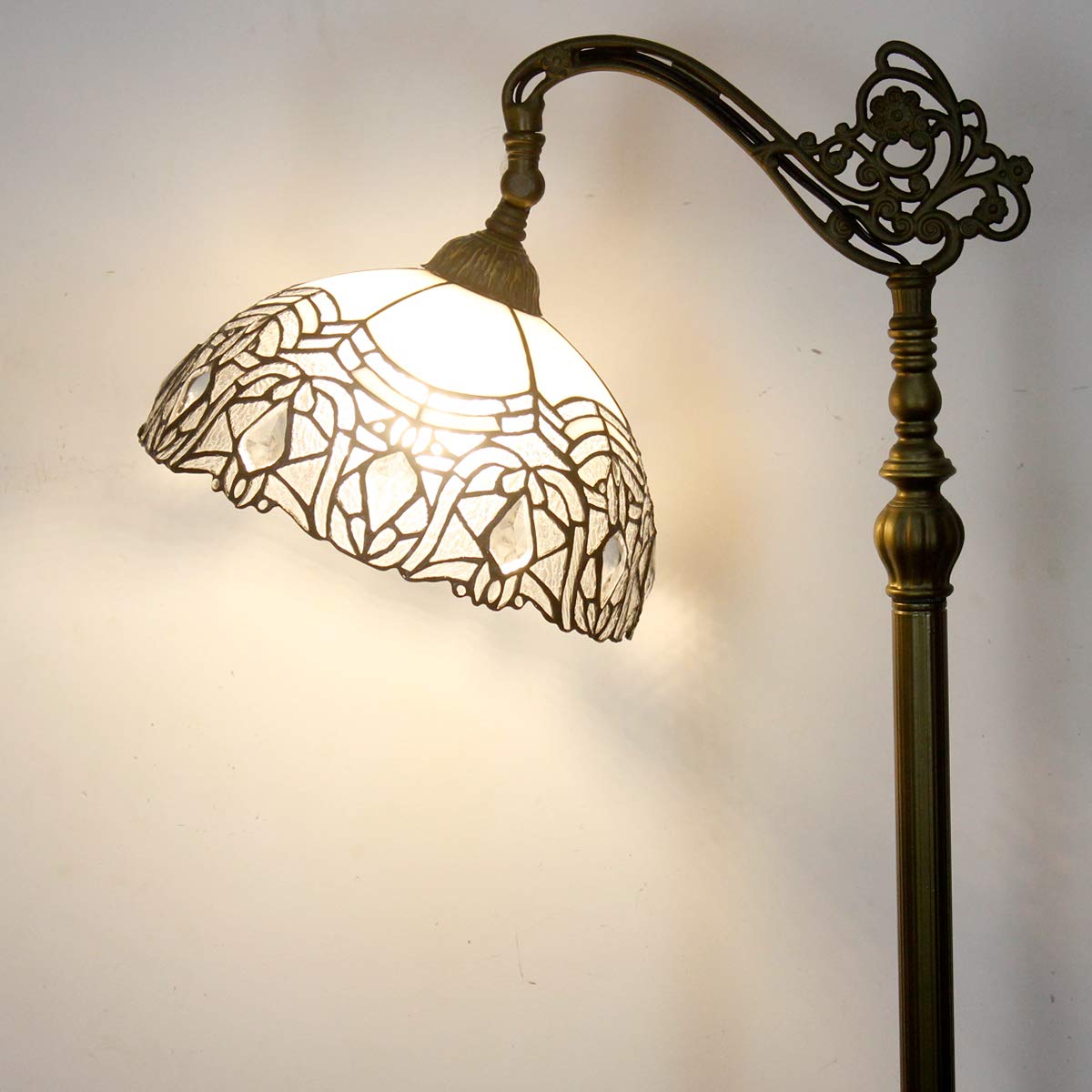 WERFACTORY Tiffany Floor Lamp White Crystal Bent Stained Glass Arched Lamp 12X18X64 Inches Gooseneck Adjustable Corner Standing Reading Light Decor Bedroom Living Room S508W Series