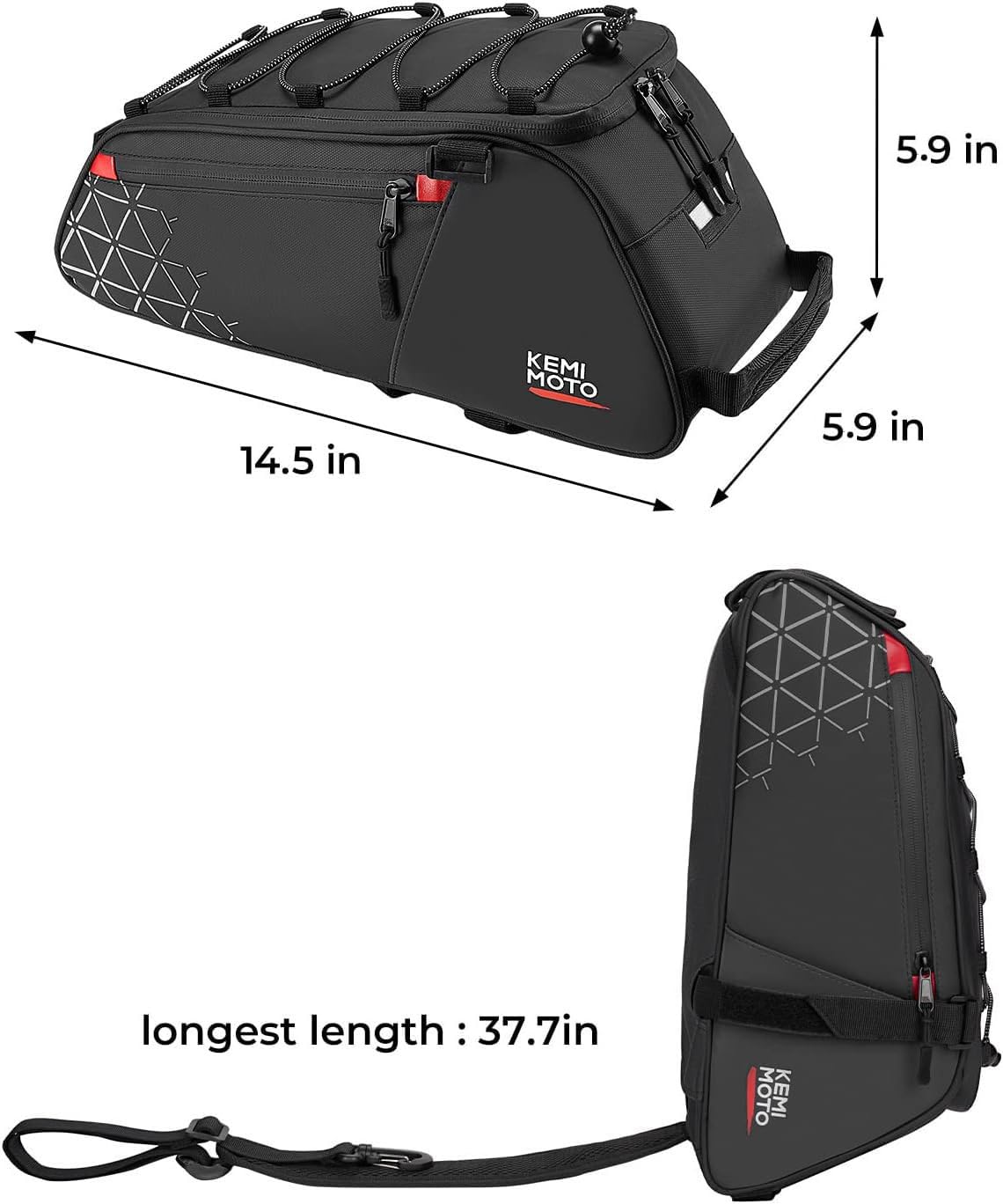 KEMIMOTO Rear Bike Rack Bag - 8L PVC Water Resistant Bicycle Bag for Road and Mountain Bikes - Black Commuter Bag for Grocery Shopping and Cycling
