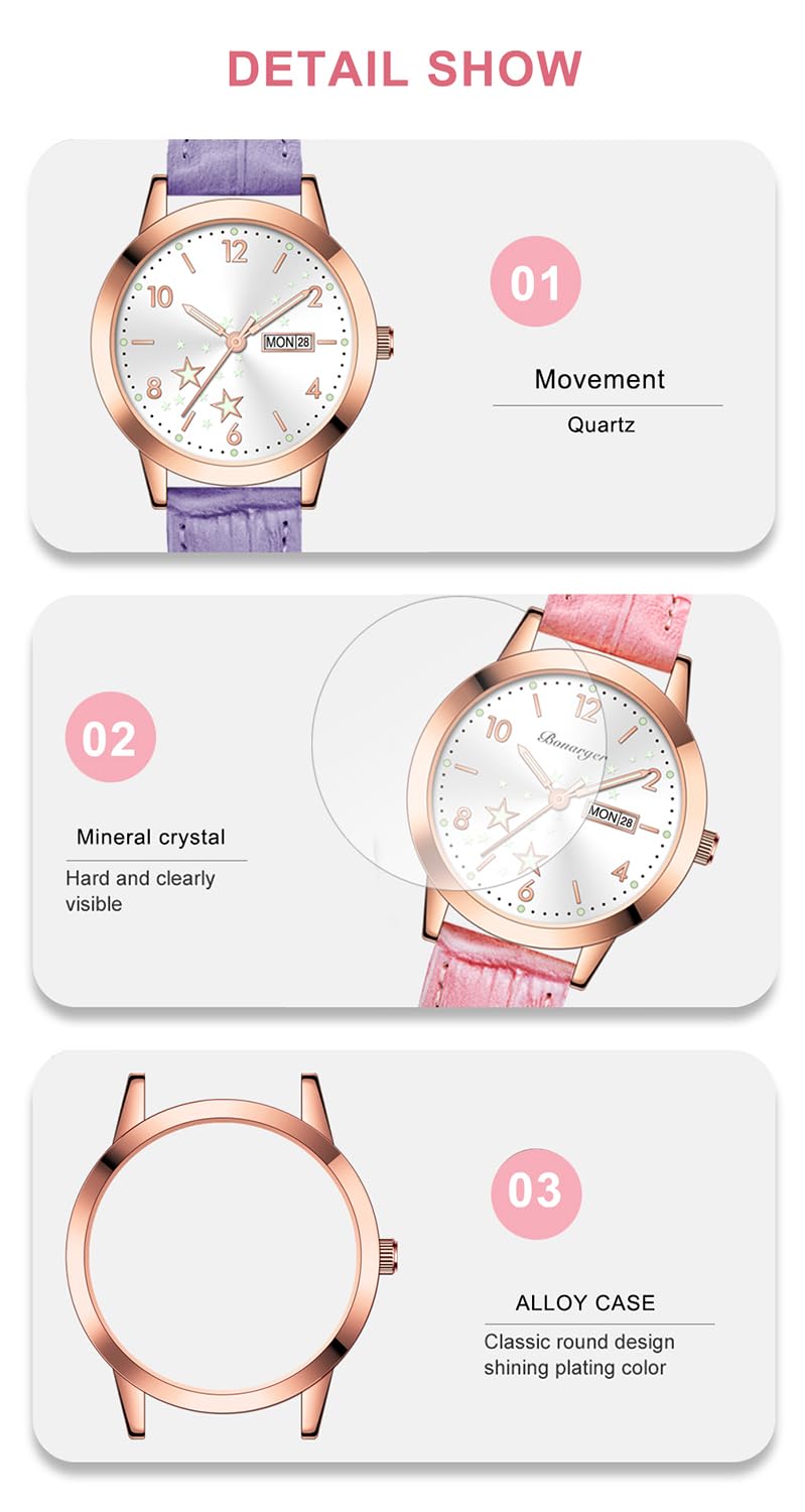 Women's Casual Wrist Watch, Leather Band Analog Quartz Ladies Dress Watch with Calendar Date, Classic Gifts for Her (Pink)