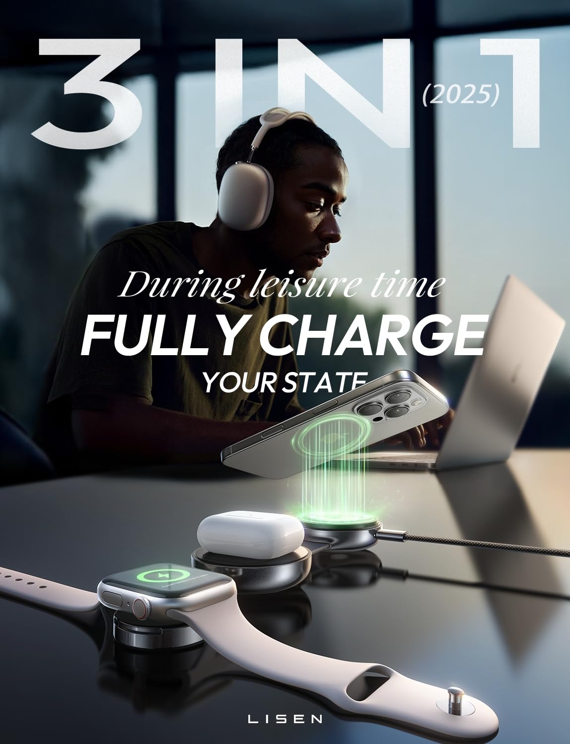 LISEN 25W QI2 Magsafe Charger Stand Cube, 3 in 1 Charging Station Apple, MagGo Travel Charger for Multiple Devices for iPhone AirPods Apple Watch (30W Charger Included) (Black)