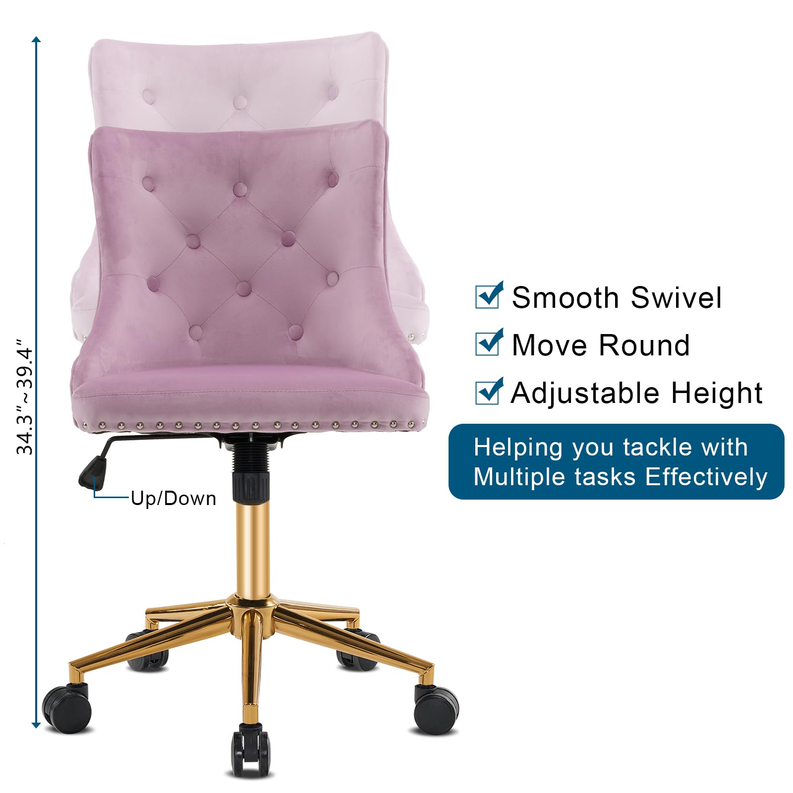 VINGLI Mauve Purple Armless Home Office Desk Chair with Gold Base/Wheels, Small Cute Vanity/Makeup Chair with Back for Bedroom, Upholstered Adjustable Rolling Swivel Nail Chair for Women/Girls