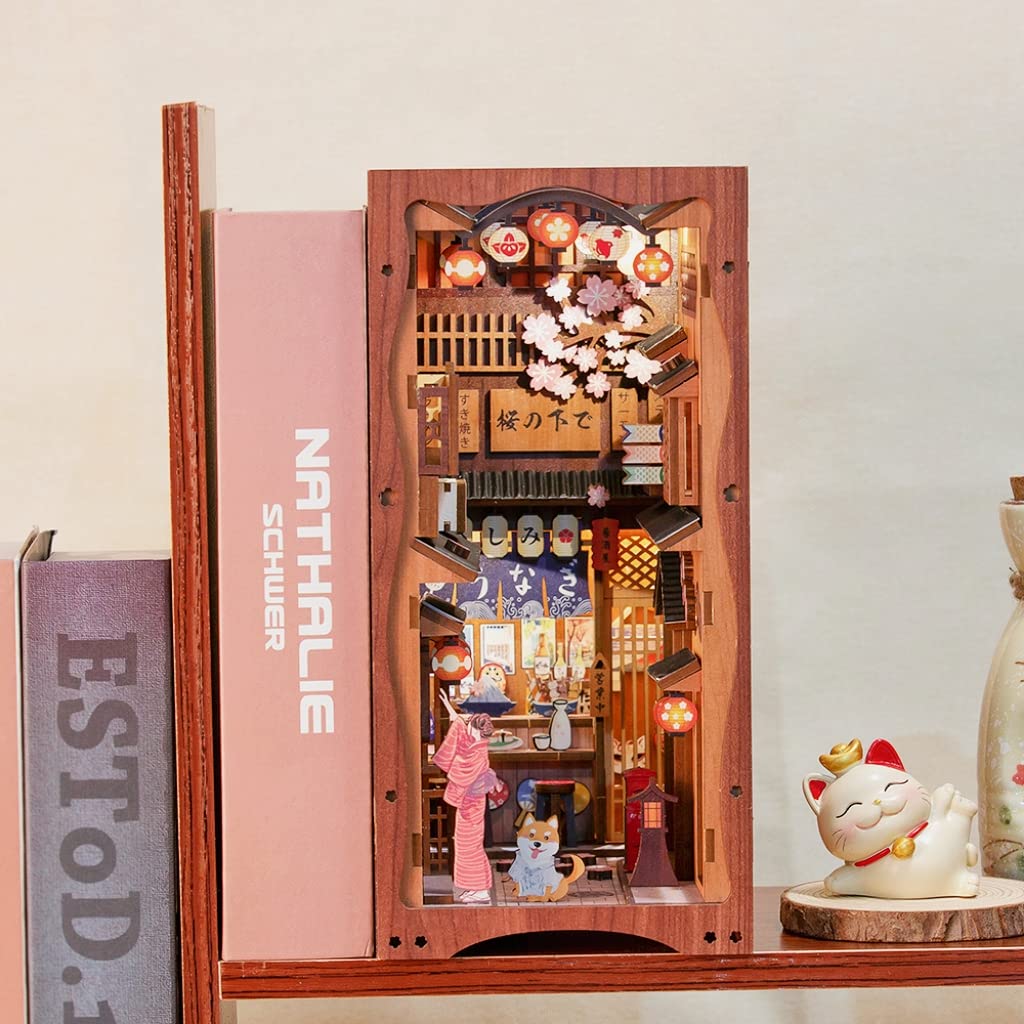 CUTEBEE Book Nook Kit - DIY Miniature House Dollhouse Kit for Adult and Teens, Booknook Bookshelf Decor Alley Model Build with LED Light, Gifts for Family and Friends (Under The Sakura Tree)