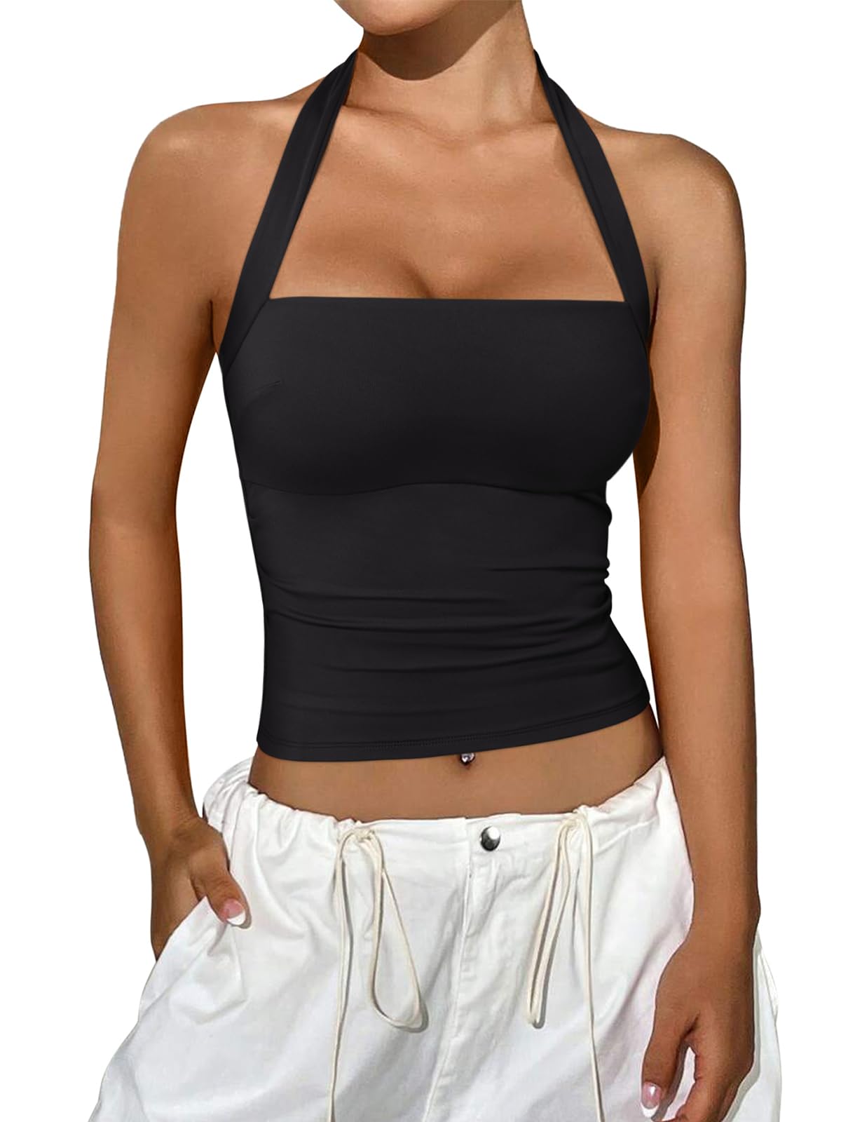 REORIA Women's Halter Going Out Tops 2025 Summer Y2K Shirts Sleeveless Sexy Crop Tank Top Y2k Outfits Black Medium