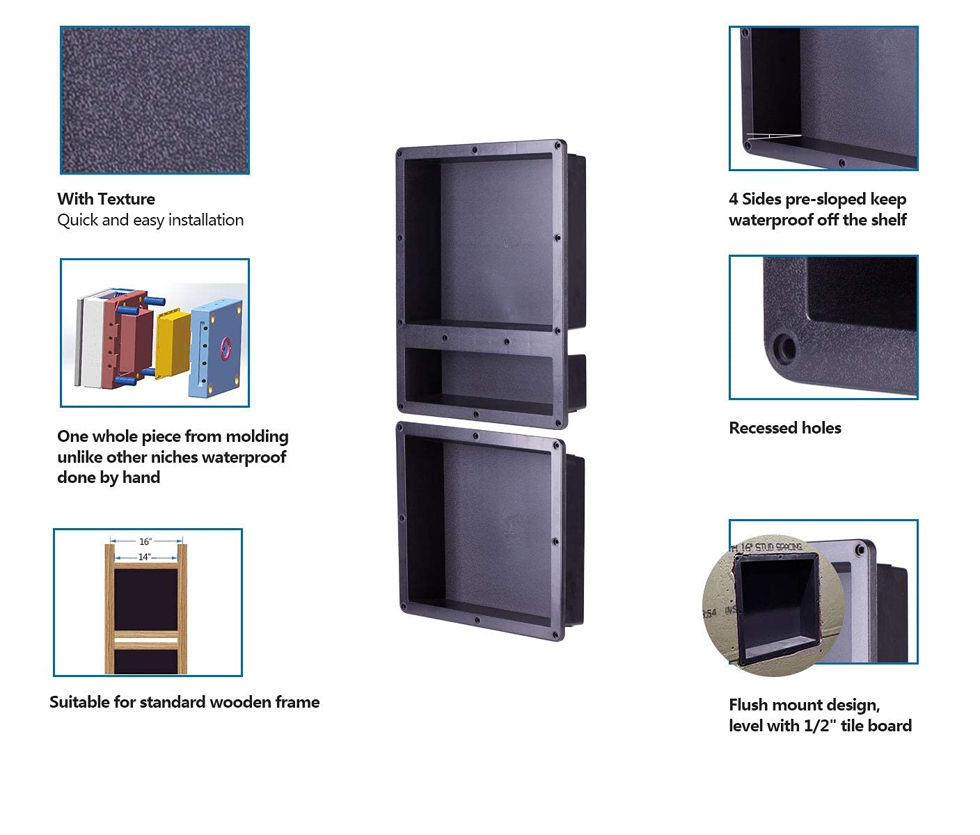 Zigzag Shower Niche Recessed, ABS Plastic Bathroom Shower Cube16×34 inches, with Texture