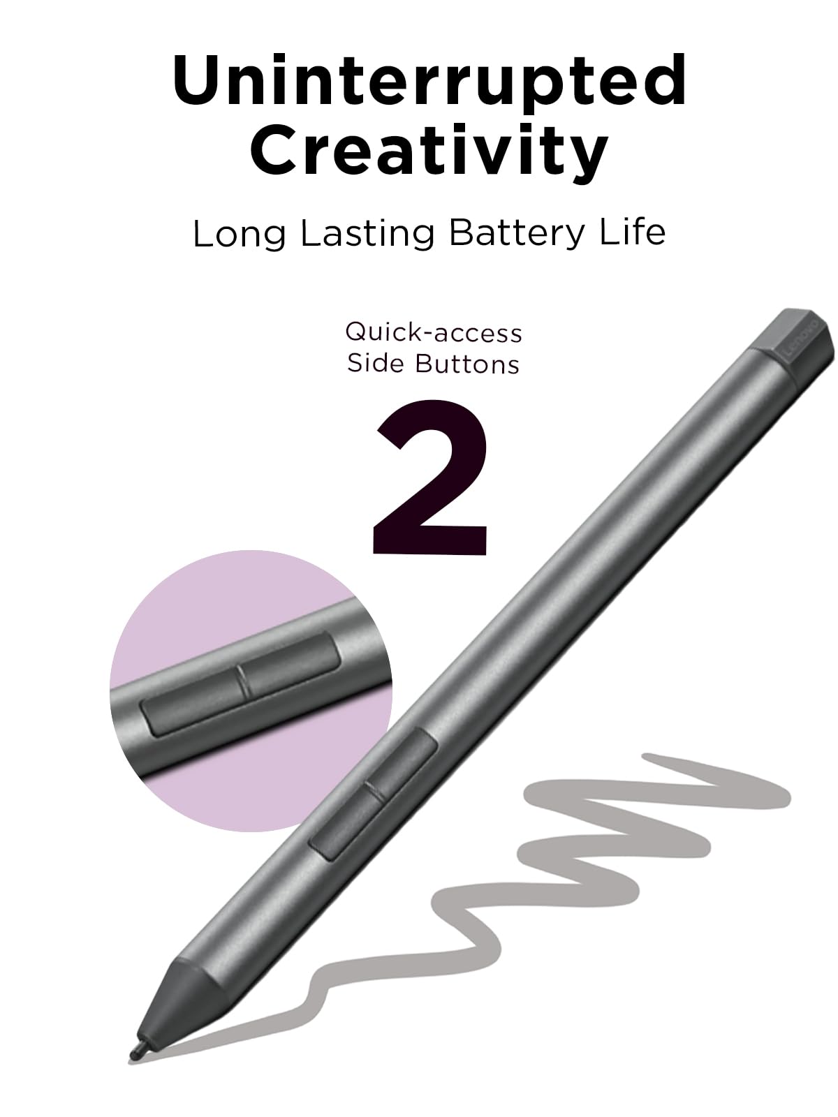 Lenovo Digital Pen 2 (Laptop) - Ultra-Tactile Response - 4,096 Levels of Pressure - Natural Feel Elastometer Pen Tip - Extended Battery Life - Silver, Grey
