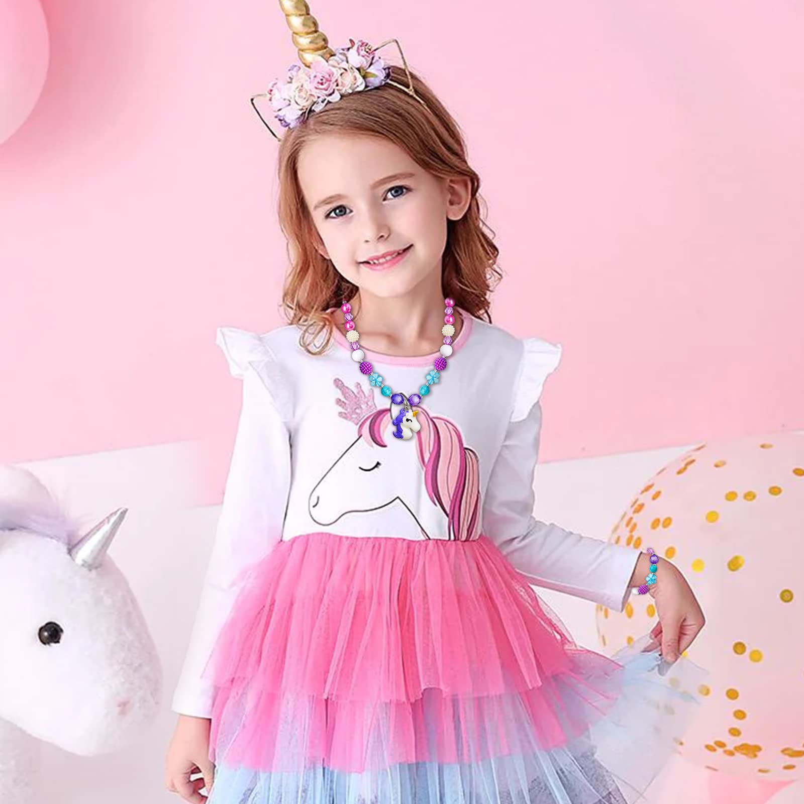 Newmemo Beads Necklace and Bracelet for Kids 6PCS Play Jewelry for Little Girls Princess Unicorn Mermaid Rainbow Pendant for Toddler Christmas Birthday Party Favors Cosplay