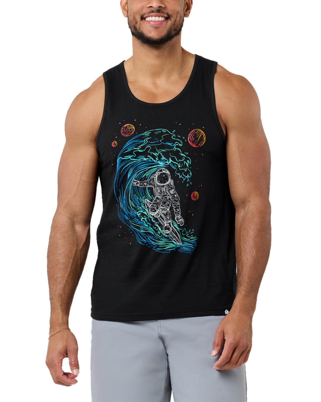 INTO THE AM Space Rippin Graphic Tank Tops for Men Mens Tank Top Summer Beach Muscle Sleeveless Shirts (Black, Medium)