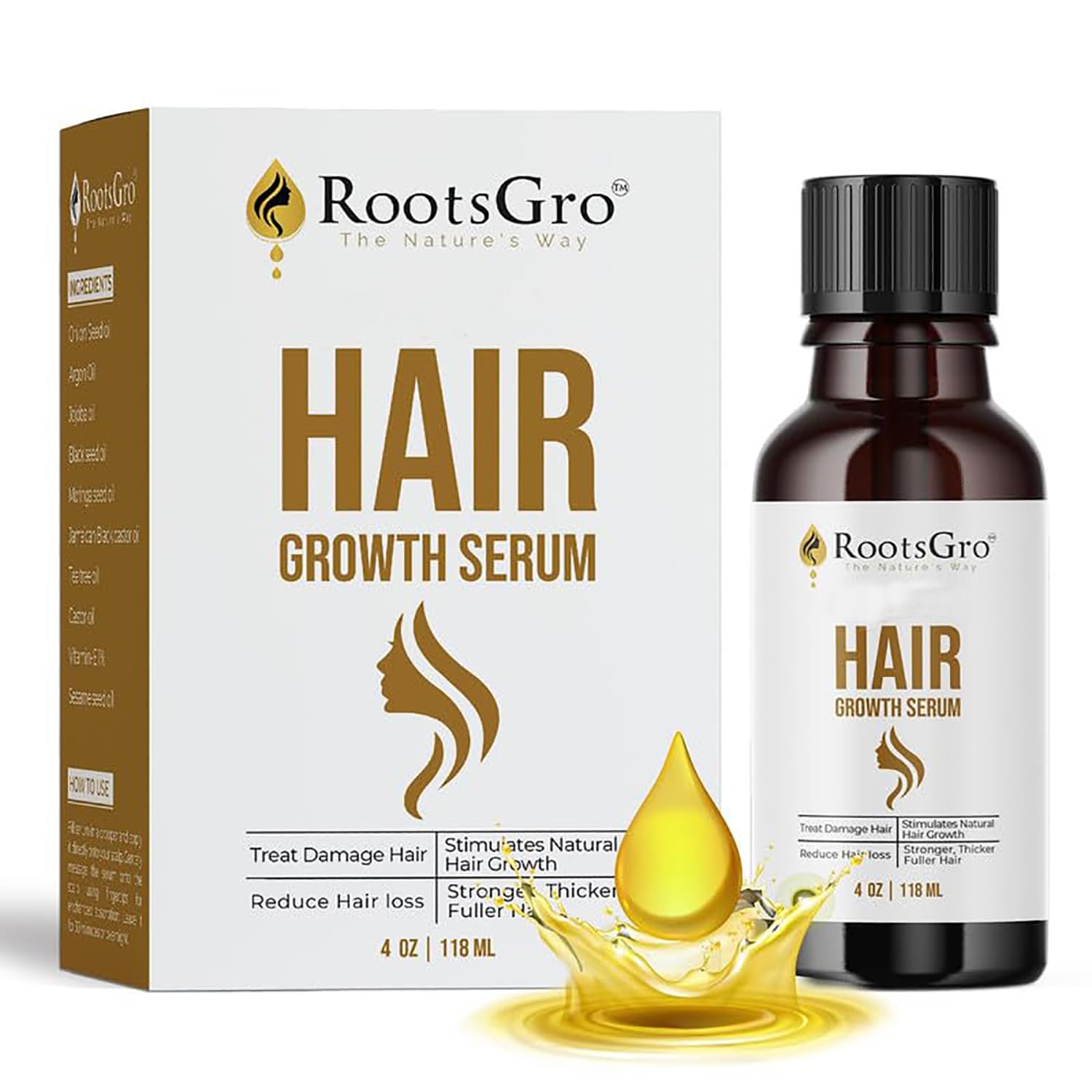 RootsGro 100% Natural Hair Growth Serum - Potentially Supports Hair Repair, Nourishes for Thicker, Fuller Hair - Infused with Argan, Jojoba, Castor Oils - Ideal for Daily Hair Care Routine - 4oz