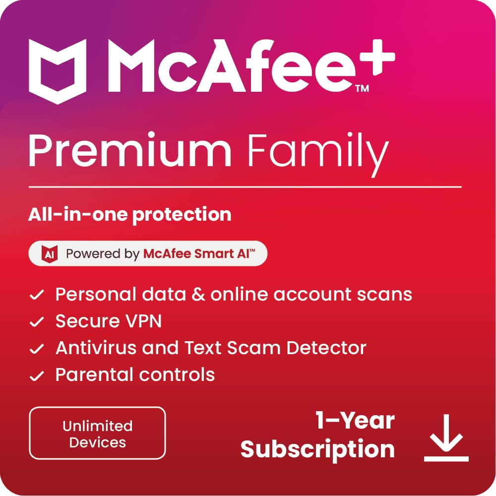 McAfee+ Premium Family Unlimited Devices 2025 Ready | Cybersecurity Software Includes Antivirus, Secure VPN, Password Manager, Identity Monitoring, Parental Controls | Download