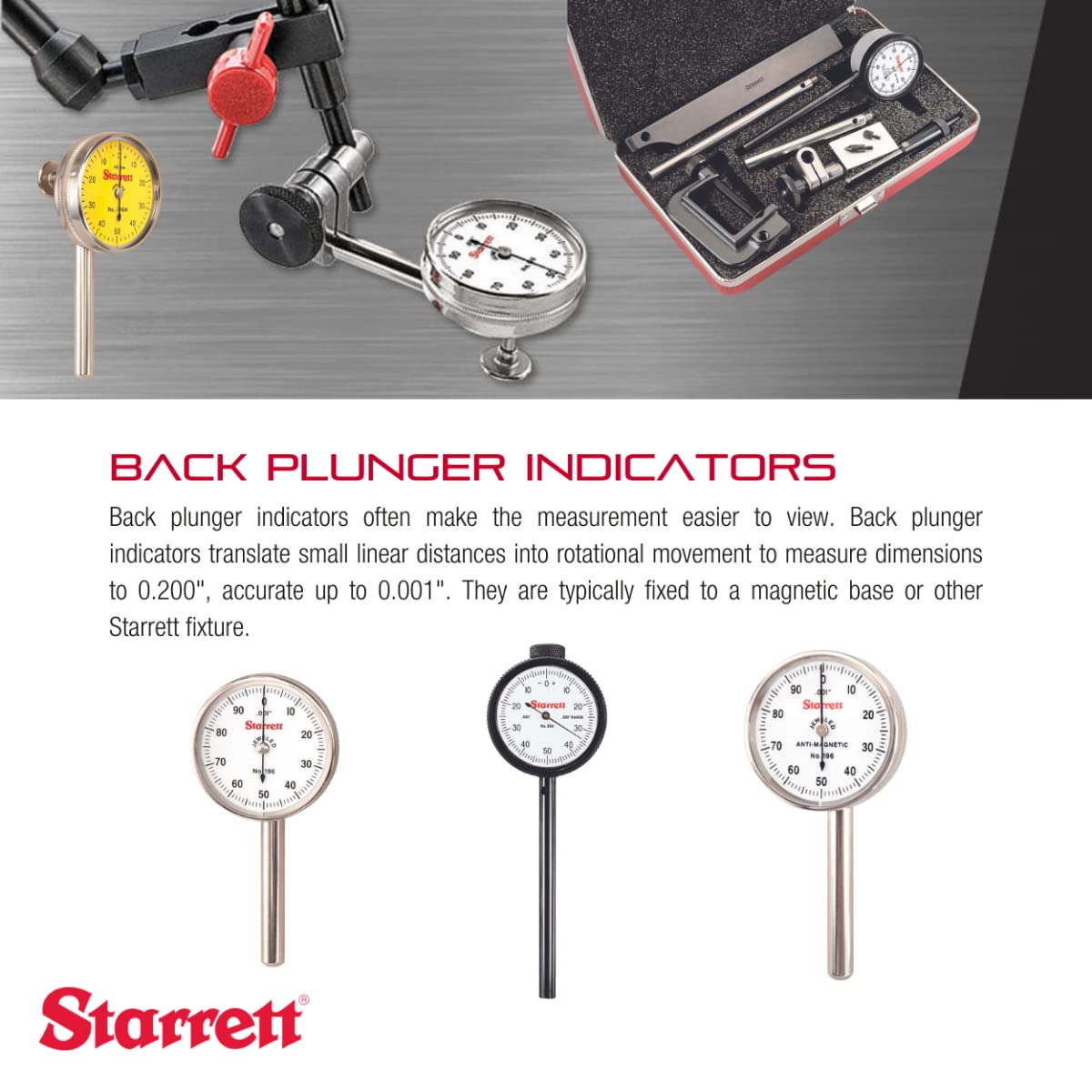 Starrett Universal Dial Test Indicator Set with Back Plunger for Full Use - White Face, 0-50-0 Reading, .200" Range, 0.001" Graduation, 1/4" Shank Diameter for Mounting - 196A5Z