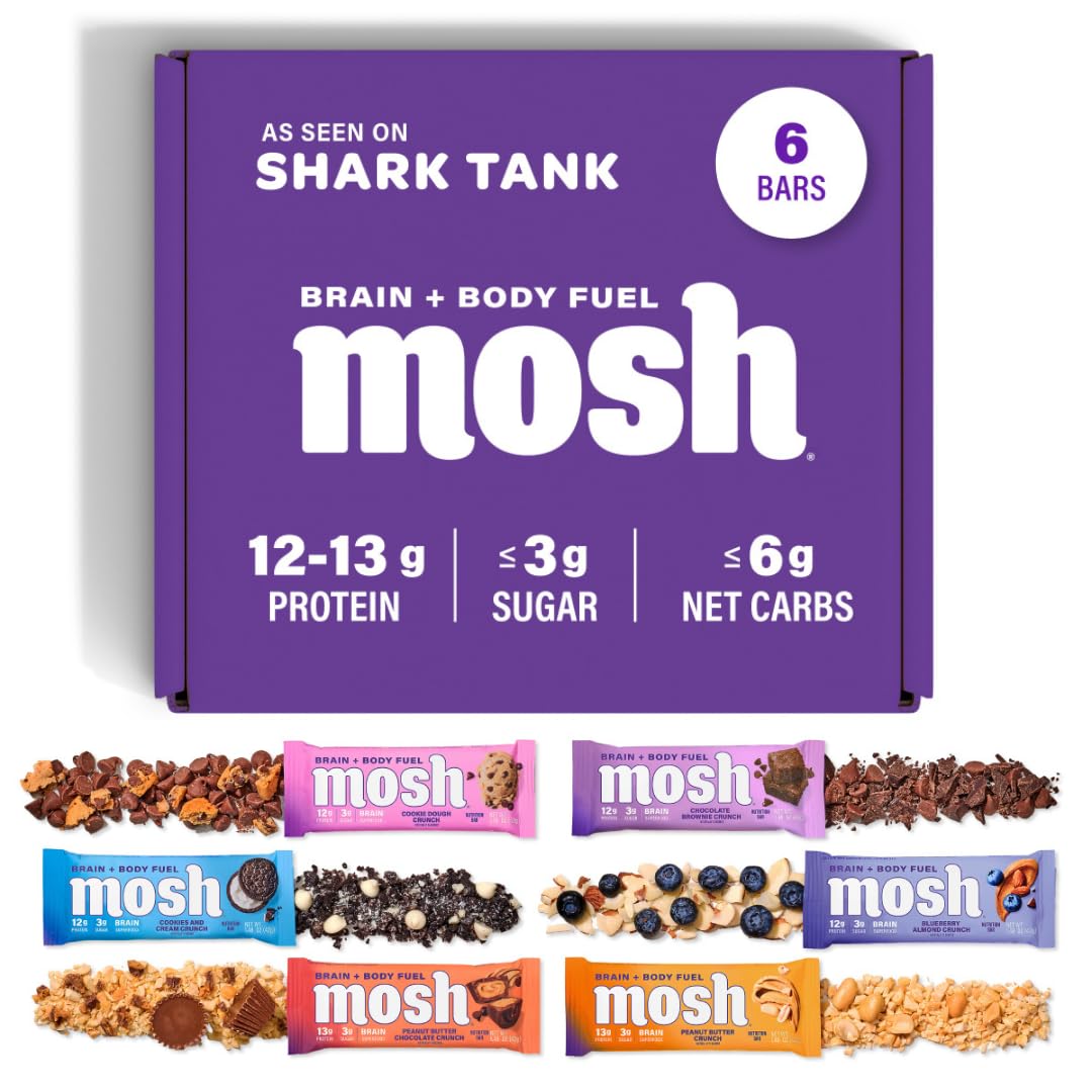 MOSH Variety Pack Keto Protein Bars, High Fiber, Low Carb, Gluten Free, High Protein, Brain Healthy Snack with Ashwagandha, Lion's Mane, 6 Count