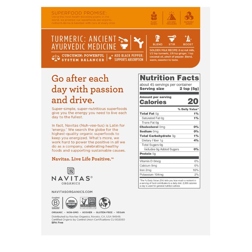 Navitas Organics Turmeric Powder, 8 oz. Bag, 45 Servings — Organic, Non-GMO, Gluten-Free…