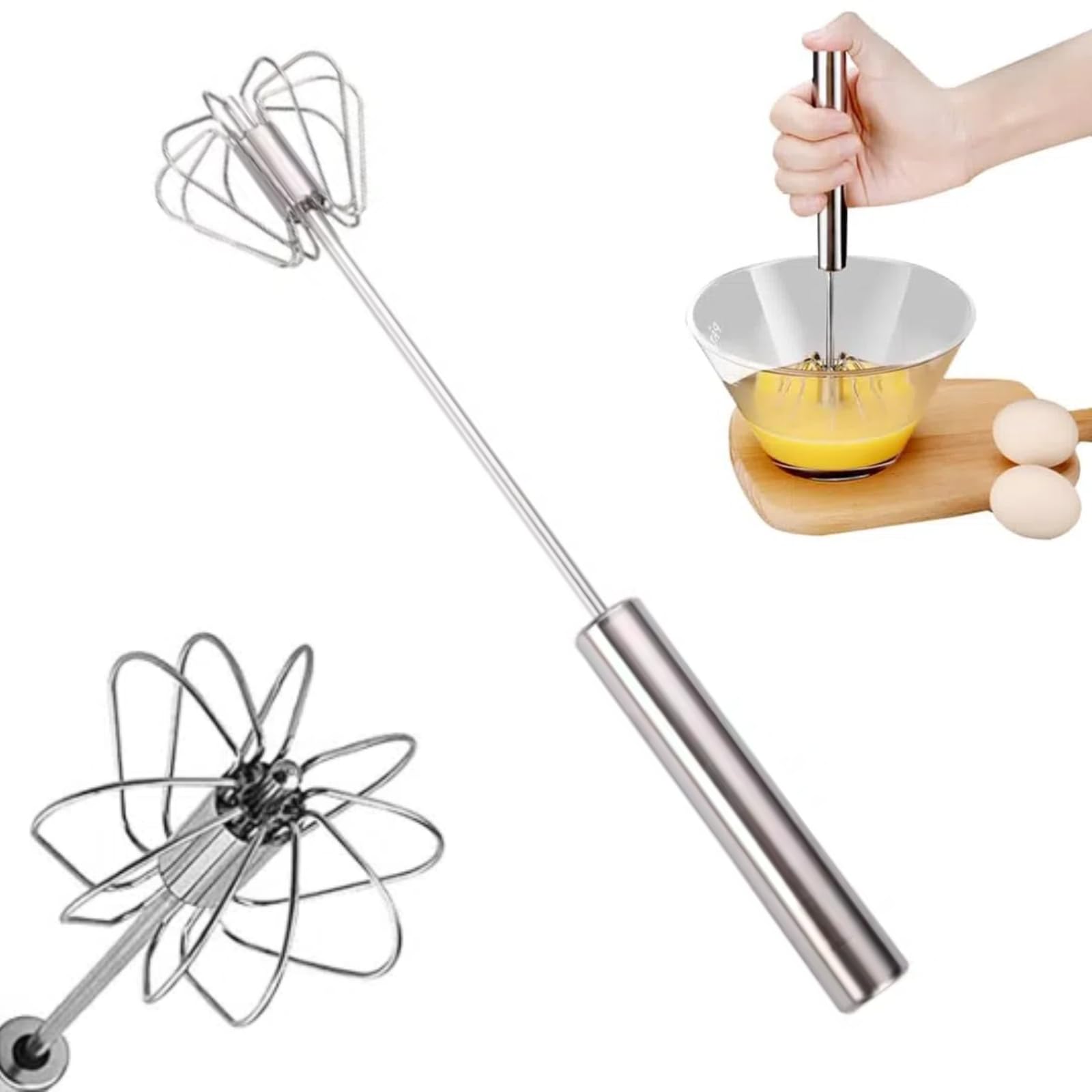 Semi-Automatic Egg Whisk, Upgraded Egg Whisk Hand Easy Push Rotary Whisk Blender, Stainless Steel Home Kitchen Tool for Blending, Whisking, Beating & Stirring (10 inch)