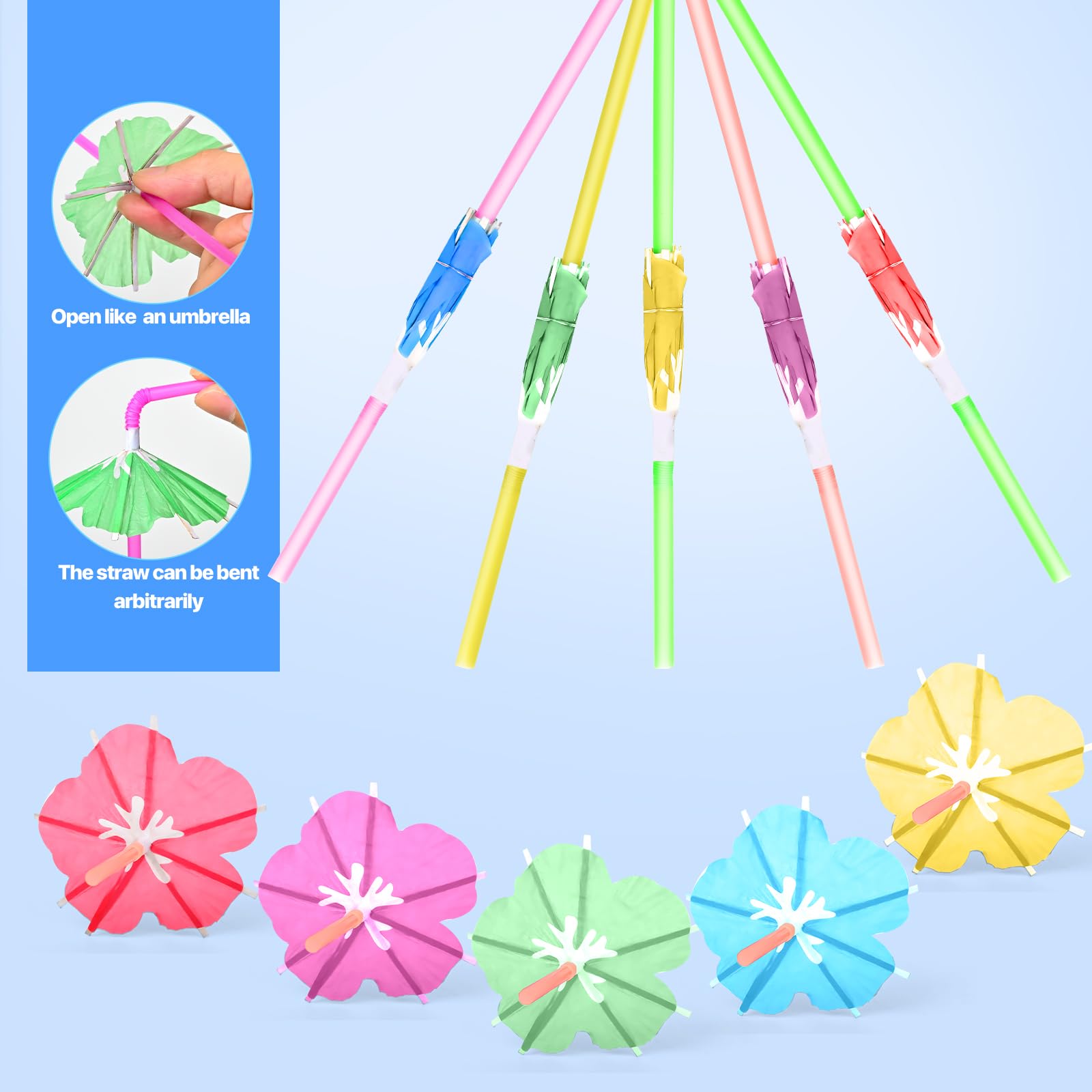 【100 PCS】Umbrella Straws for Drinks - Colorful Cocktail Straws with Mini Umbrellas, Tiki Party Supplies, Hawaiian Luau Tropical Theme, Parasol Drink Straws for Margarita, Pina Colada, Beverages.