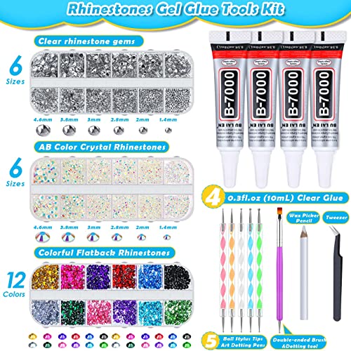 shynek B7000 Jewelry Glue with Rhinestones for Crafts, 6300Pcs Rhinestones with Gems Adhesive for Shoes Cloth Fabric with Picker Pencil for Crafting Diamond Art Graduation Cap Decorations