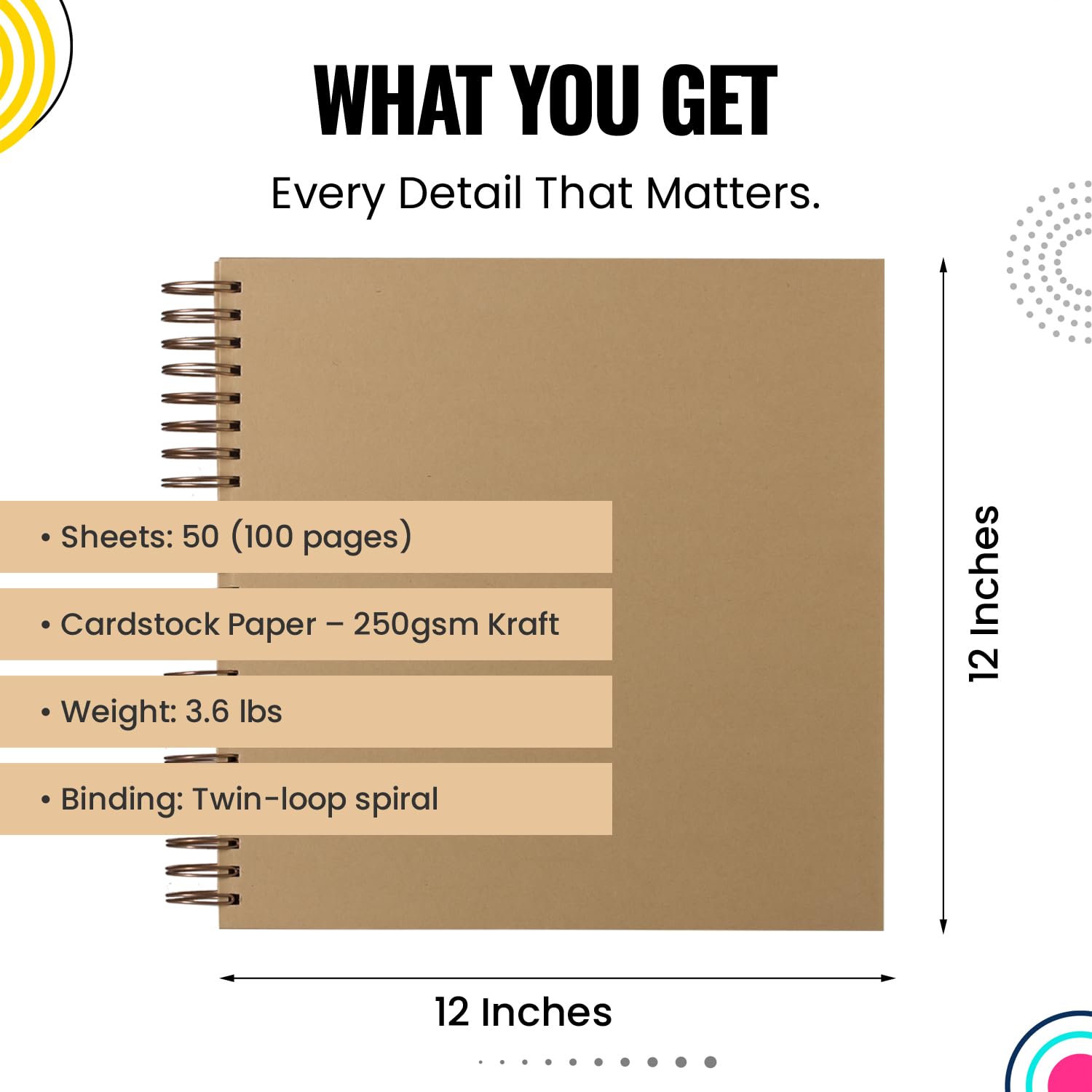 12x12 Large Scrapbook Album | 3.6 LBS Heavy Duty Kraft Hardcover | 50 Sheet Photo Album, Baby Book, Sketchbook | 100 Page