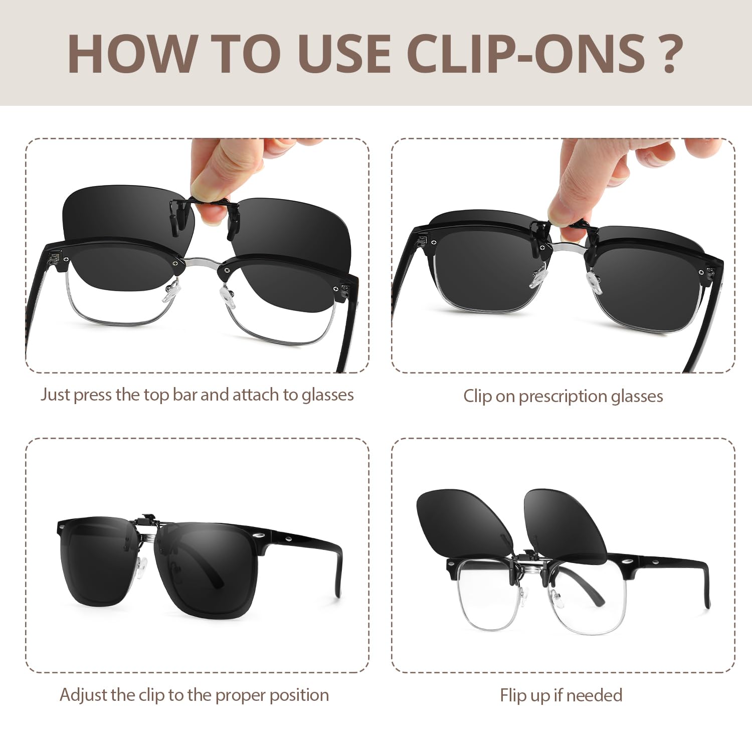 TJUTR Polarized Clip On Sunglasses Over Prescription Glasses, UV400 Protection, Anti-Glare, Metal Flip-Up Clip for Men Women