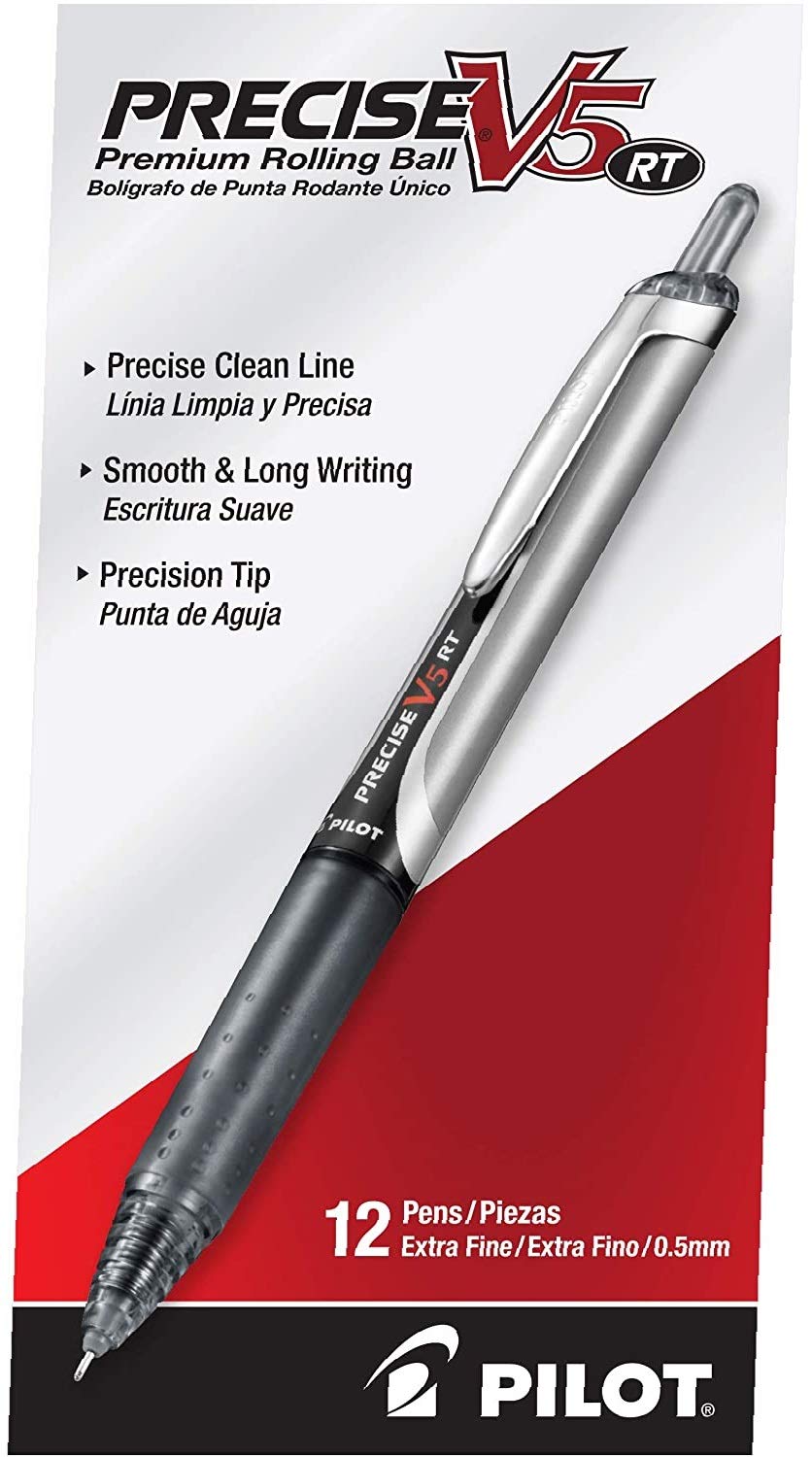 Pilot, Precise V5 RT Refillable & Retractable Rolling Ball Pens, Extra Fine Point 0.5 mm, Black, Pack of 12