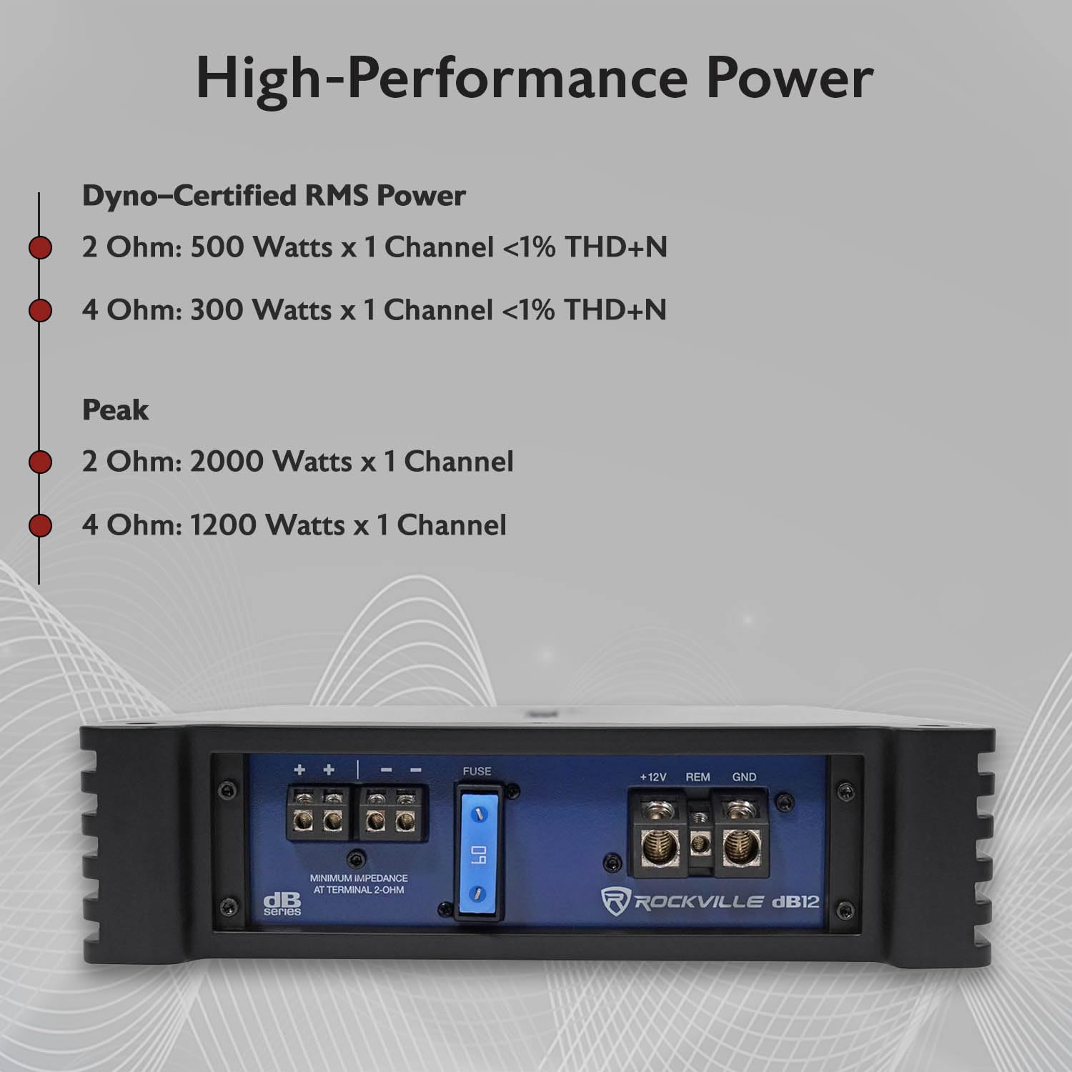 Rockville dB12 2000W Mono 2-Ohm Car Amplifier, High-Speed MOSFET, Adjustable 12dB Crossover, LED, Remote Sub Control, Perfect for Car Audio and Subs