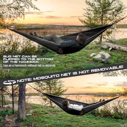 Camping Hammock, Portable Hammocks with Mosquito Net,Lightweight Nylon Parachute Hammock with 10ft Tree Straps,Camping Gear Must Haves for Travel Hiking Backpacking Beach Patio-Black&Grey