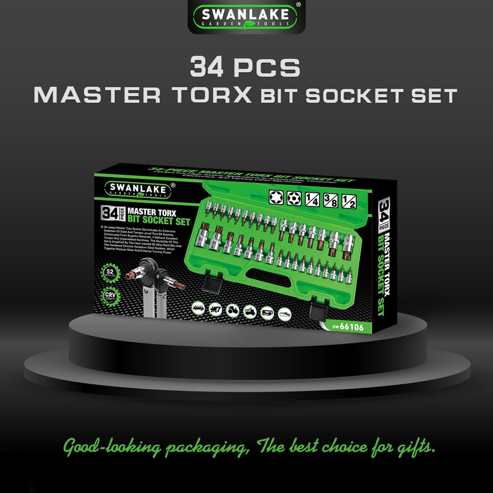 SWANLAKE 34PCS Master TORX Bit Socket Set, Premium S2 Alloy Steel, Solid Star & Tamper Proof T6 ~ T70